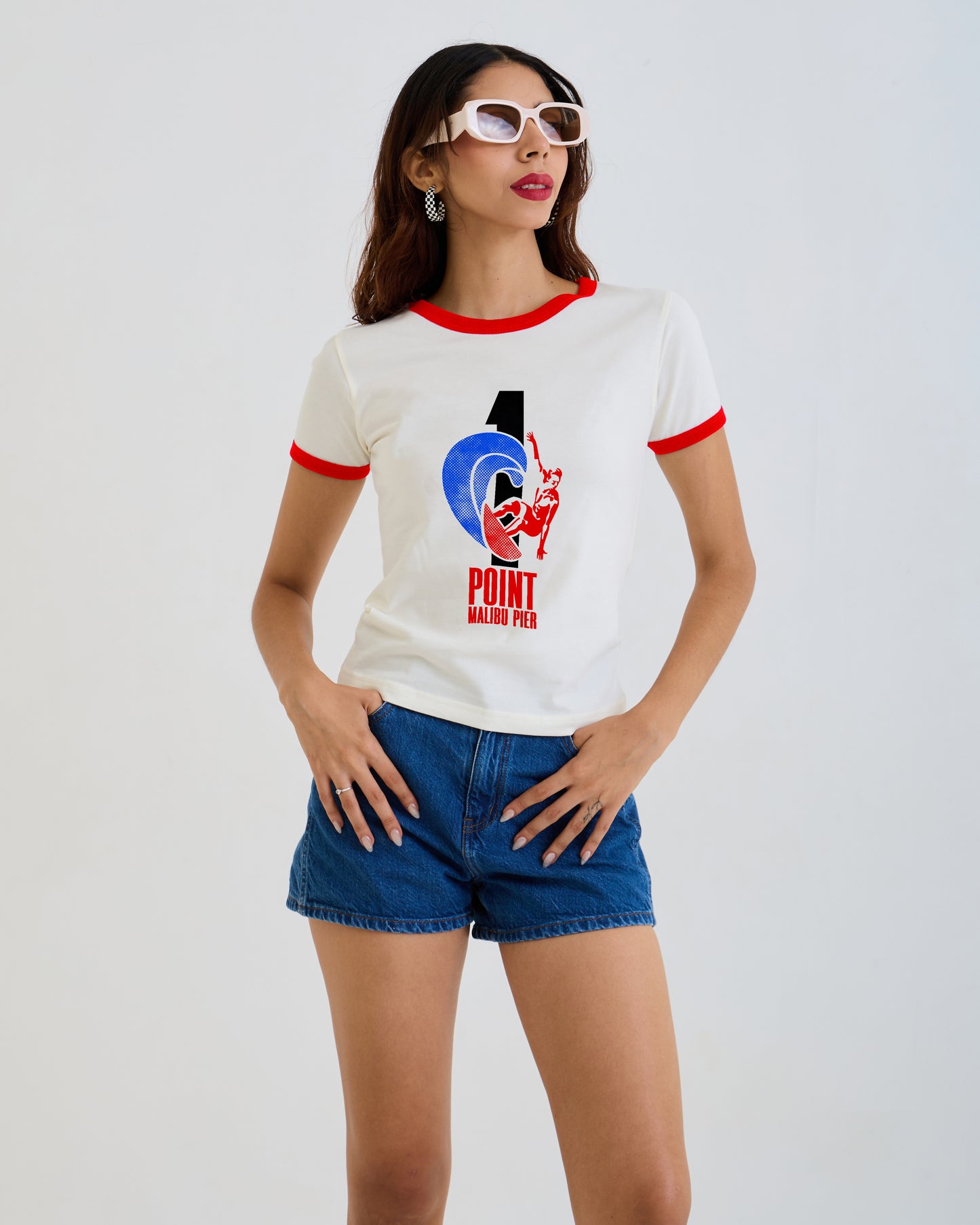 Vintage Women's T-Shirt – 1 Point Malibu Pier Graphic – Retro Ringer Style – Off-White/Red