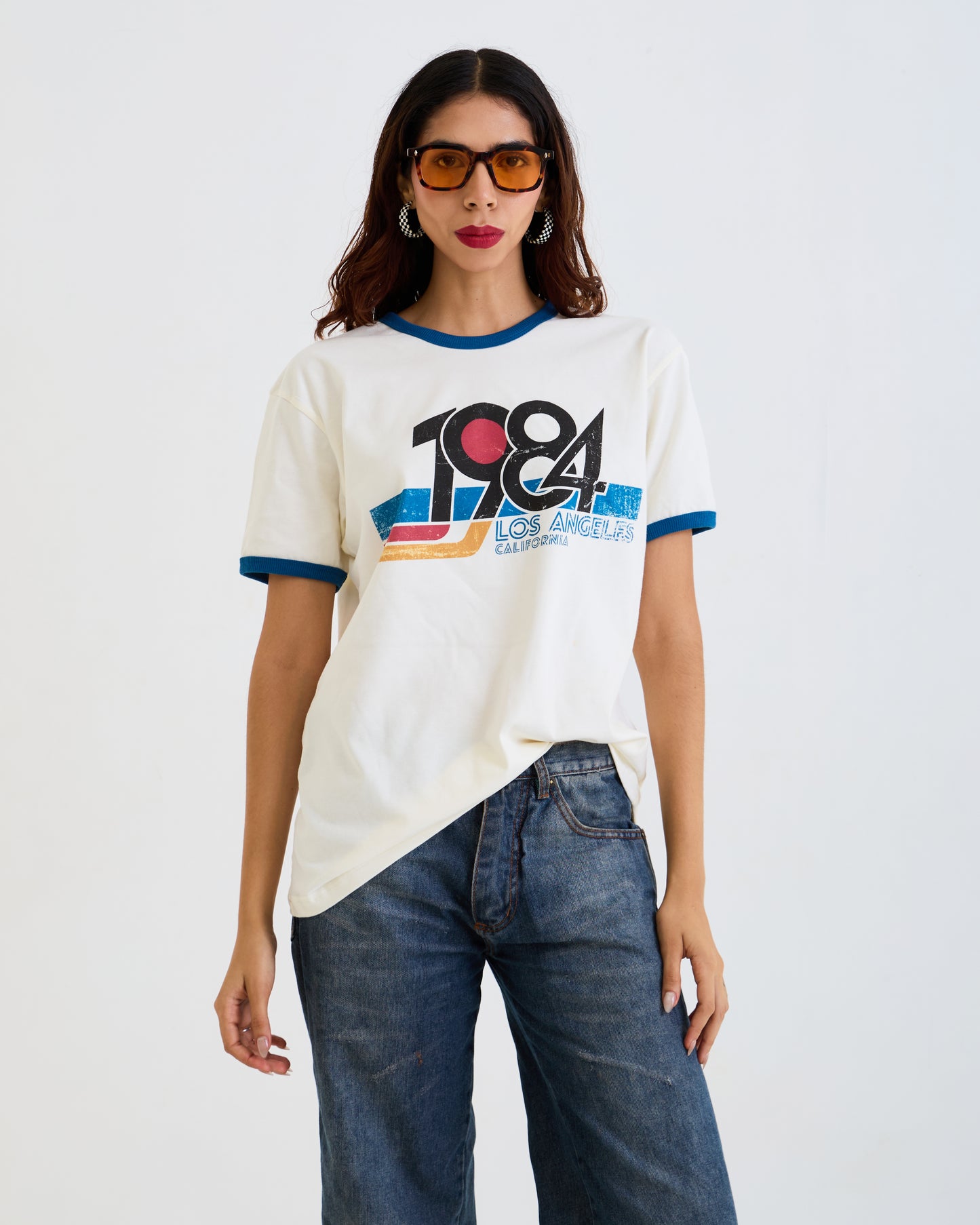Vintage Unisex T-Shirt – 1984 Los Angeles California Graphic – Retro Ringer Style – Off-White
