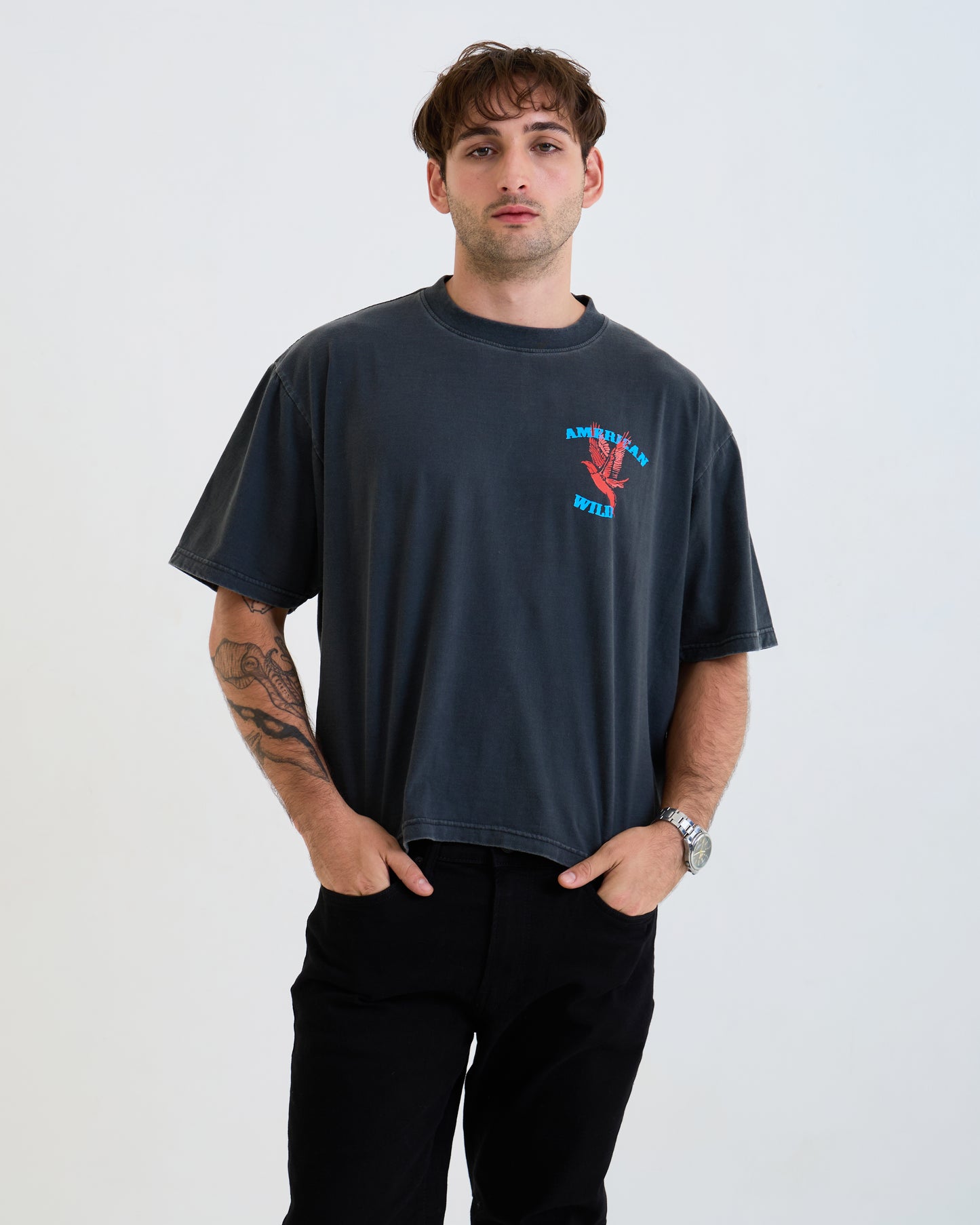 Vintage Oversized Cropped Unisex T-Shirt – Eagle Graphic – Black