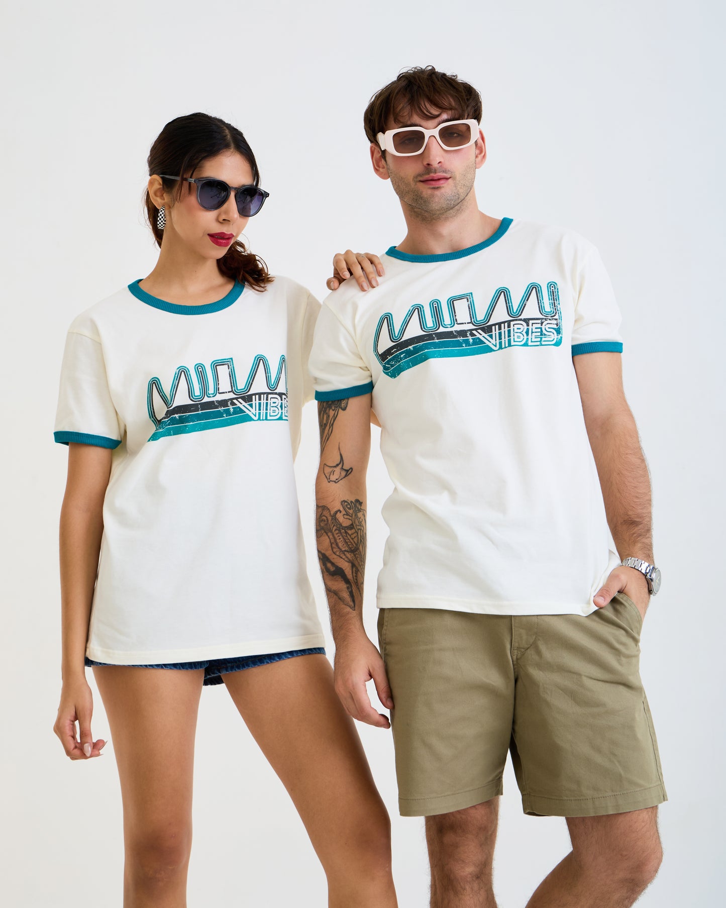 Vintage Unisex T-Shirt – Miami Vibes Graphic – Retro Ringer Style – Off-White/Green