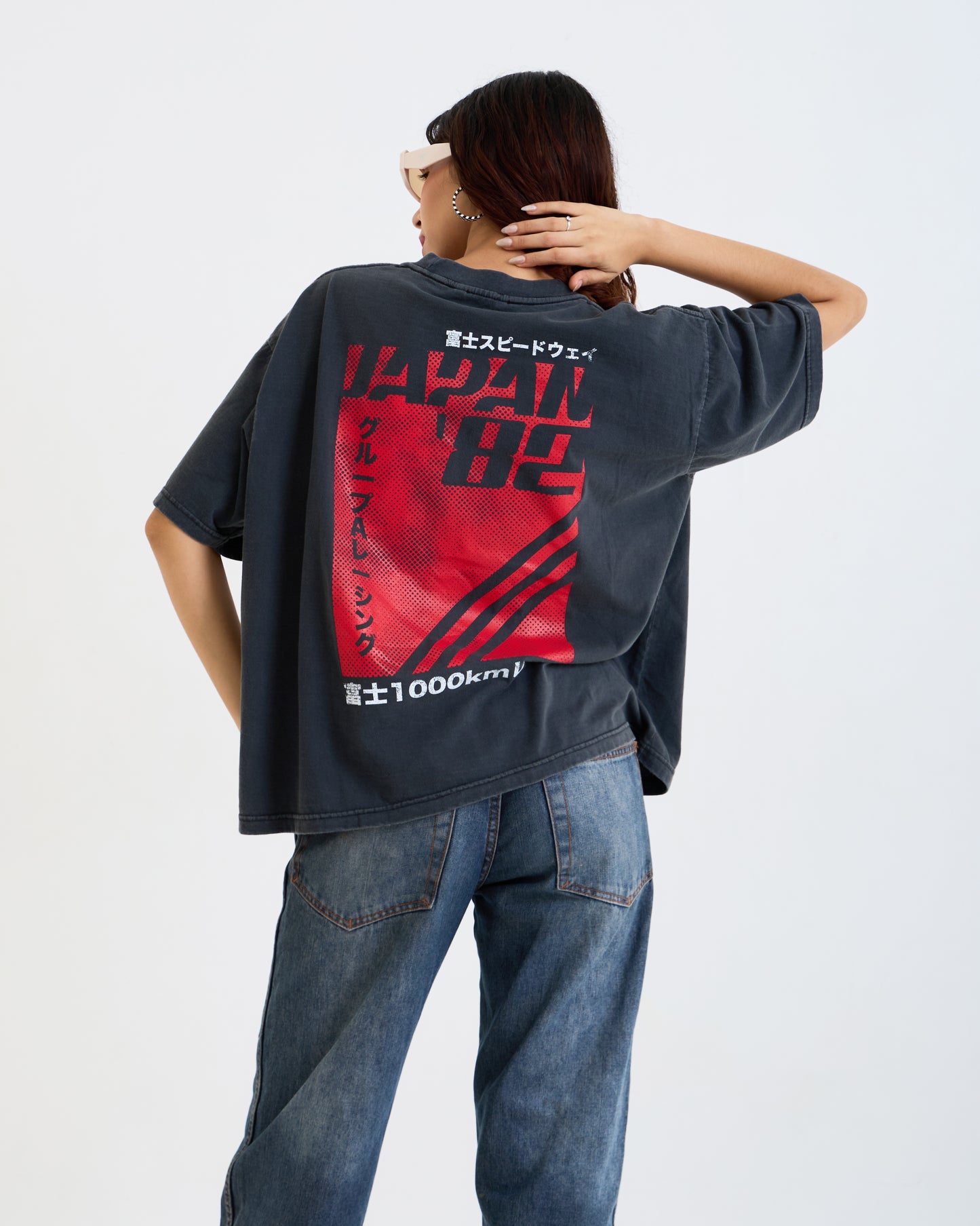 Vintage Oversized Cropped Unisex T-Shirt – Japan Racing Graphic – Black