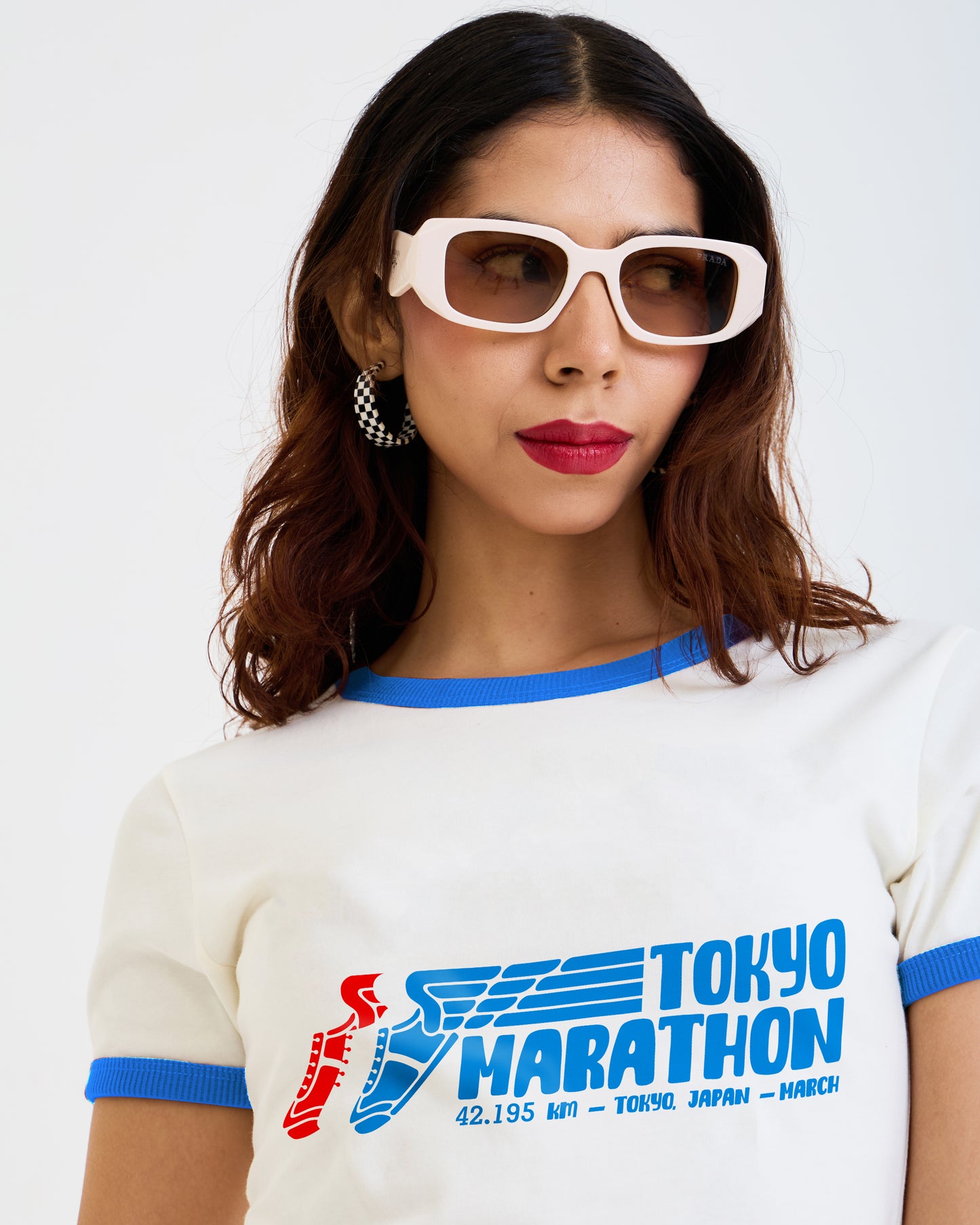 Vintage Women's T-Shirt – Tokyo Running Marathon Graphic – Retro Ringer Style – Off-White/Blue