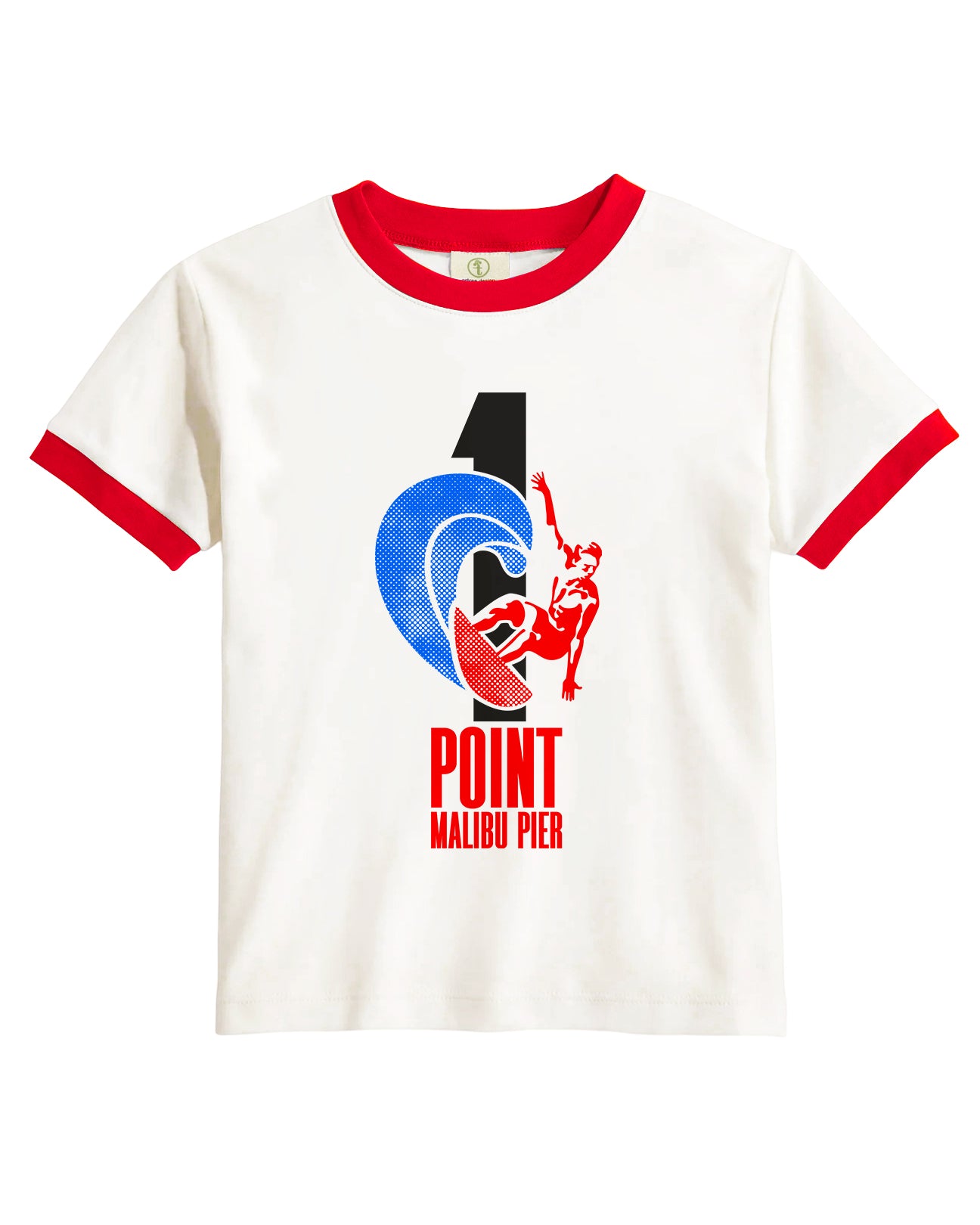 Vintage Women's T-Shirt – 1 Point Malibu Pier Graphic – Retro Ringer Style – Off-White/Red
