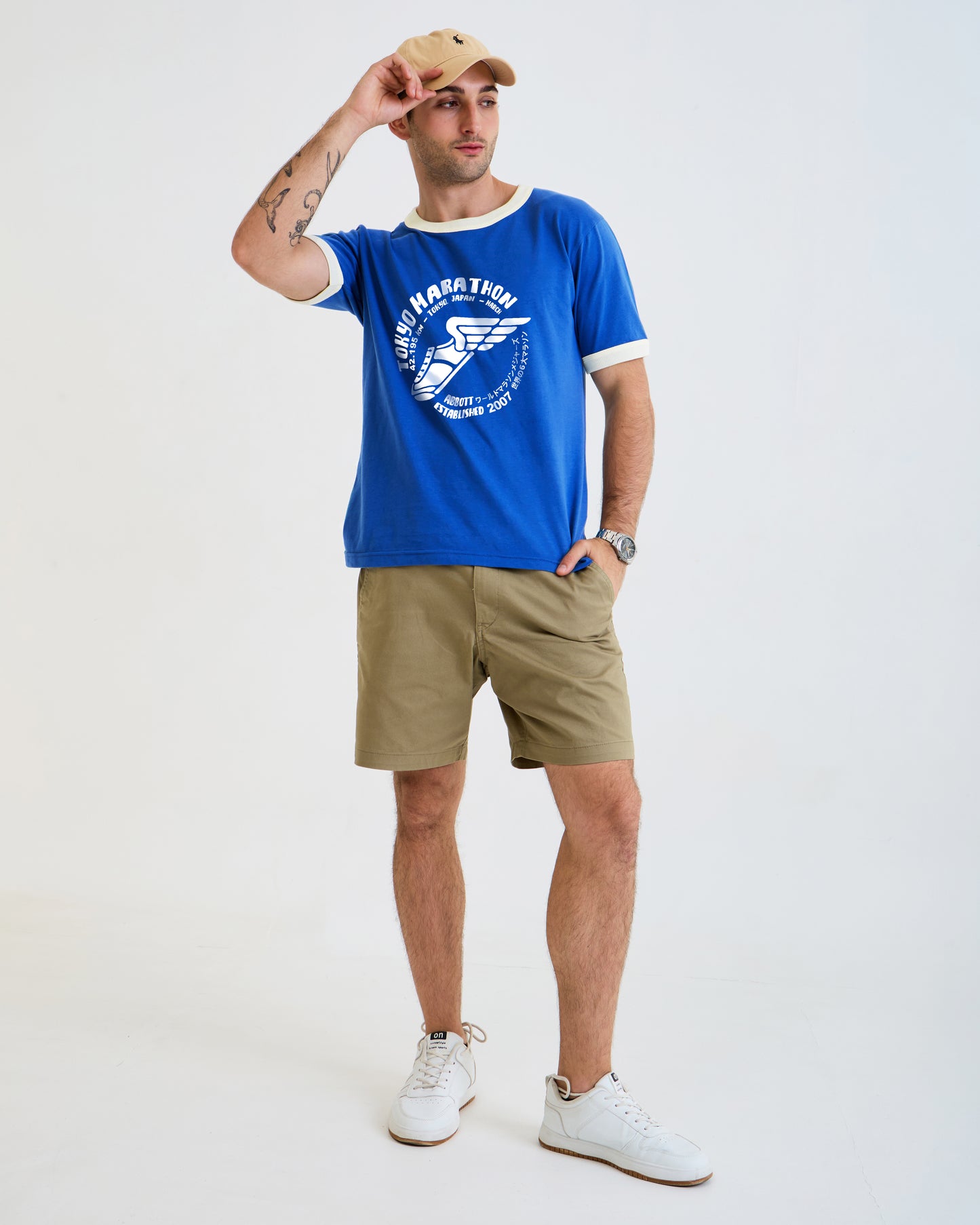 Vintage Unisex T-Shirt – Marathon Running Retro Ringer Style – Blue/White