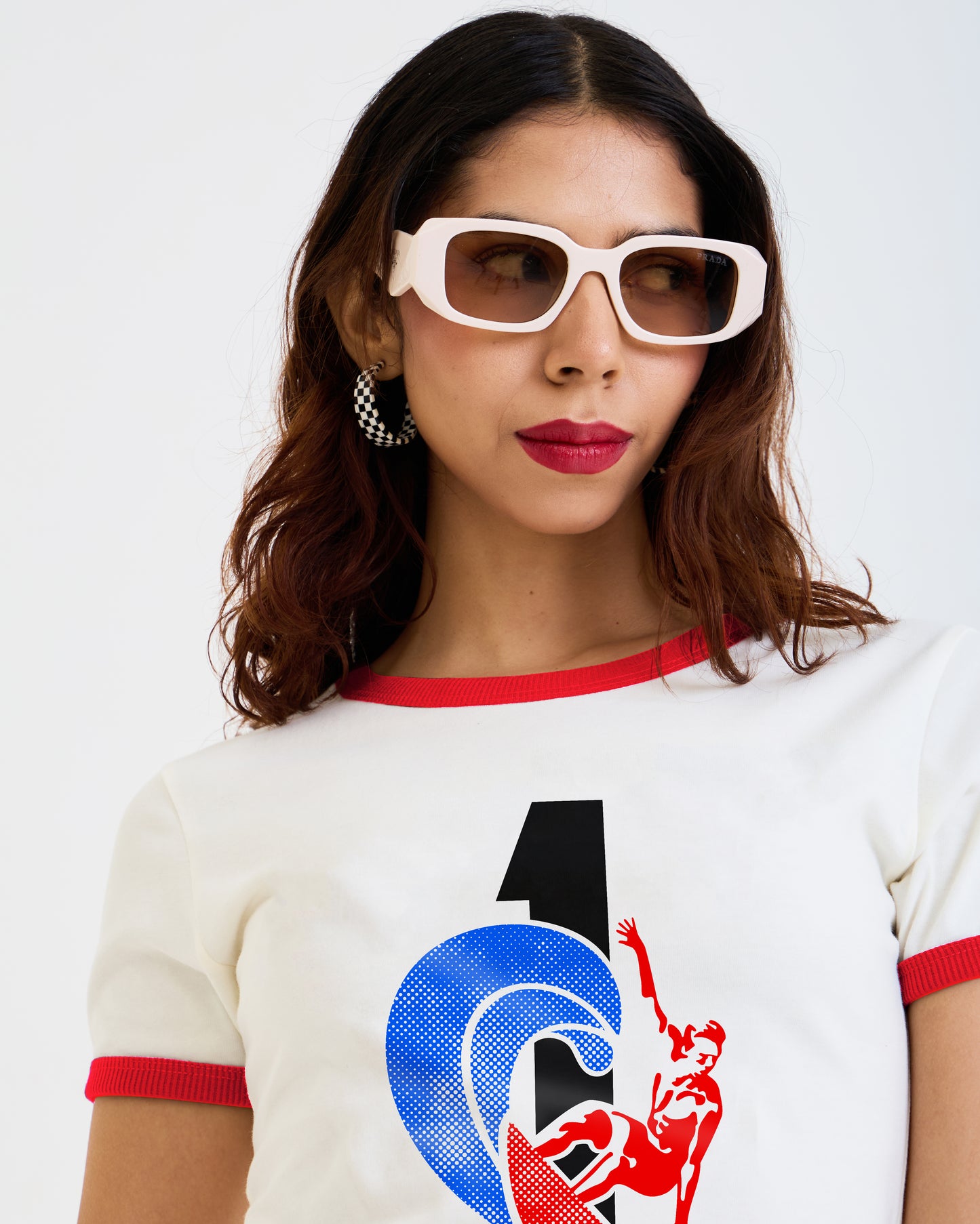 Vintage Women's T-Shirt – 1 Point Malibu Pier Graphic – Retro Ringer Style – Off-White/Red