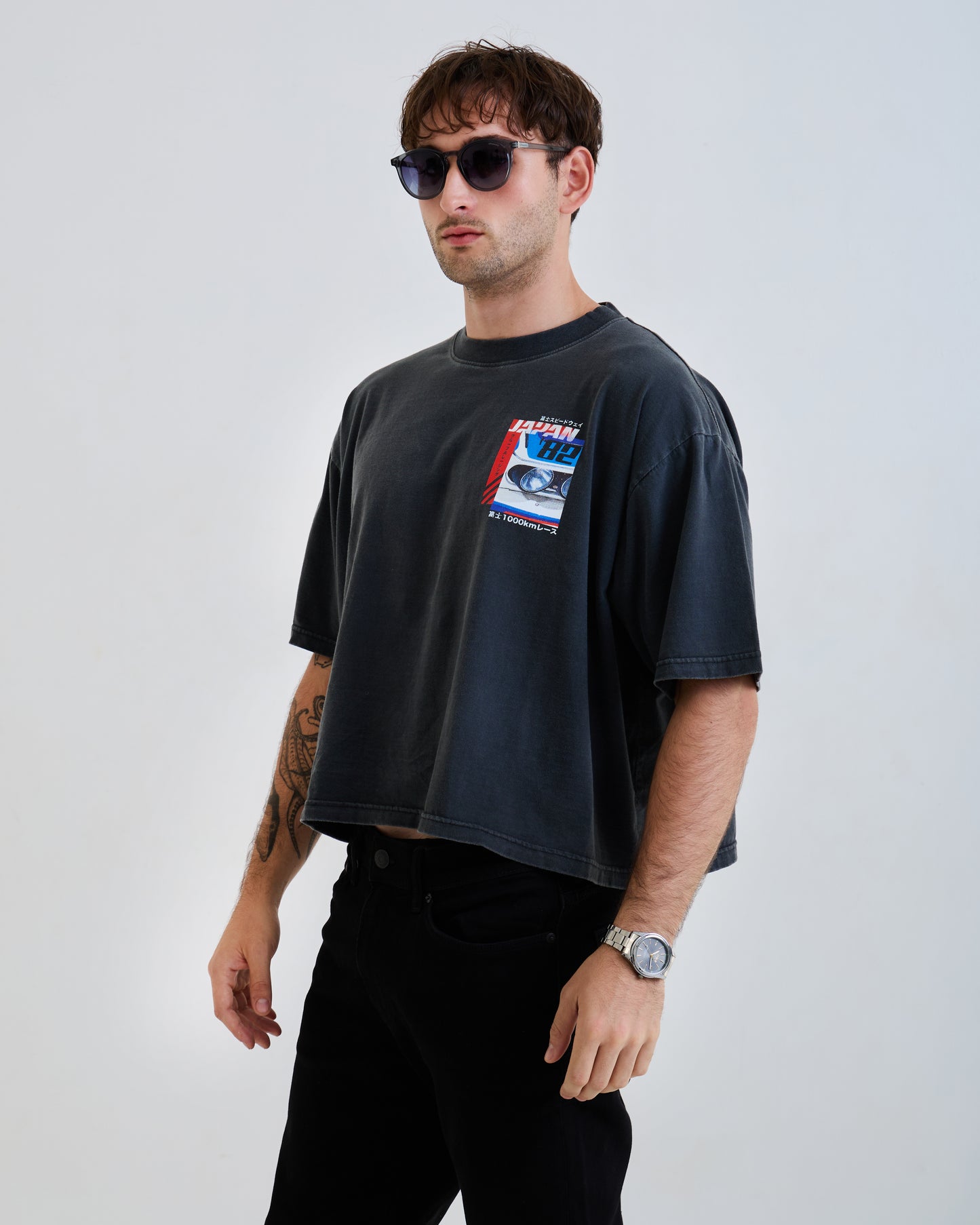 Vintage Oversized Cropped Unisex T-Shirt – Japan Racing Graphic – Black