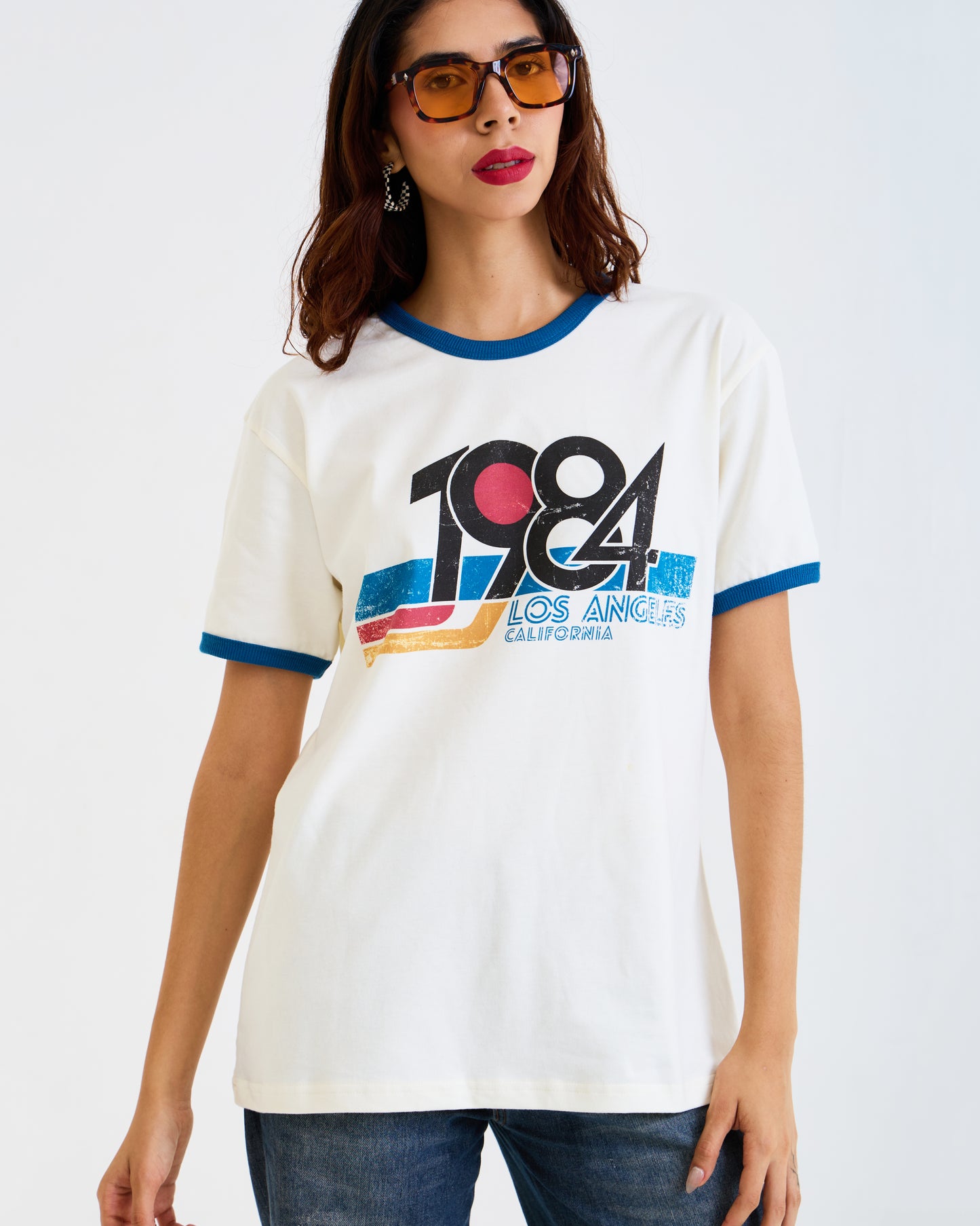 Vintage Unisex T-Shirt – 1984 Los Angeles California Graphic – Retro Ringer Style – Off-White