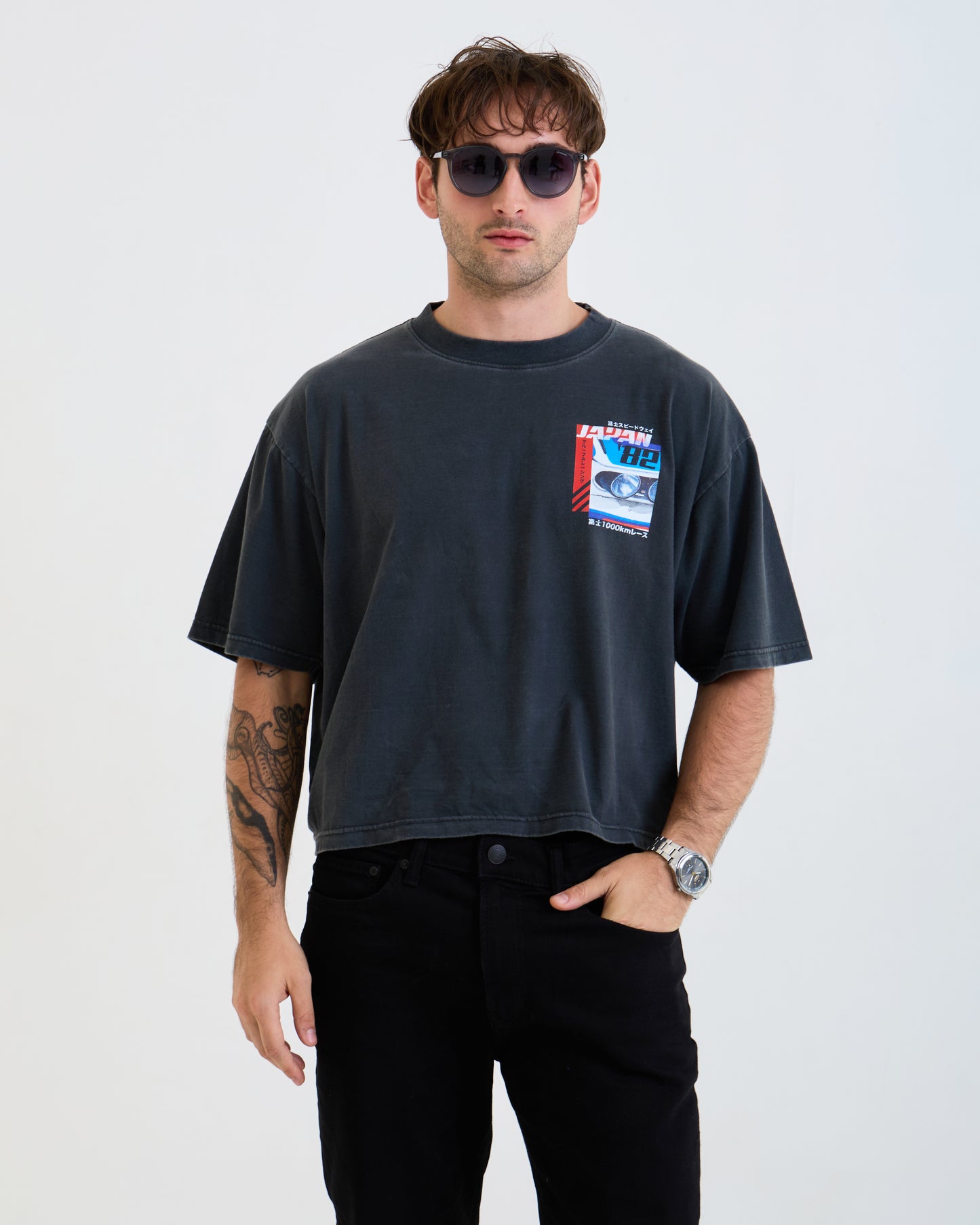 Vintage Oversized Cropped Unisex T-Shirt – Japan Racing Graphic – Black