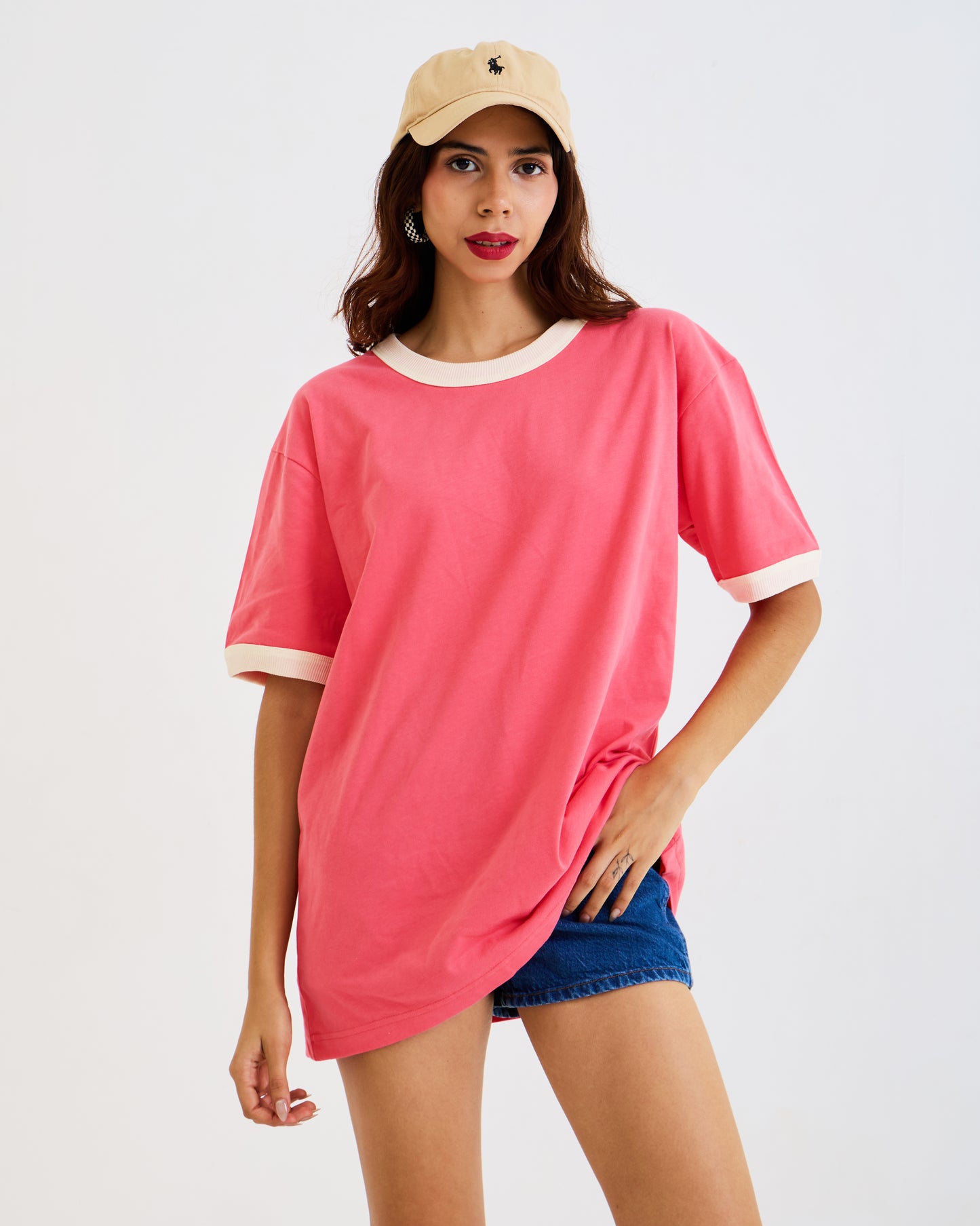Vintage Unisex Oversized T-Shirt – Retro Ringer Style – Pink/Off-White
