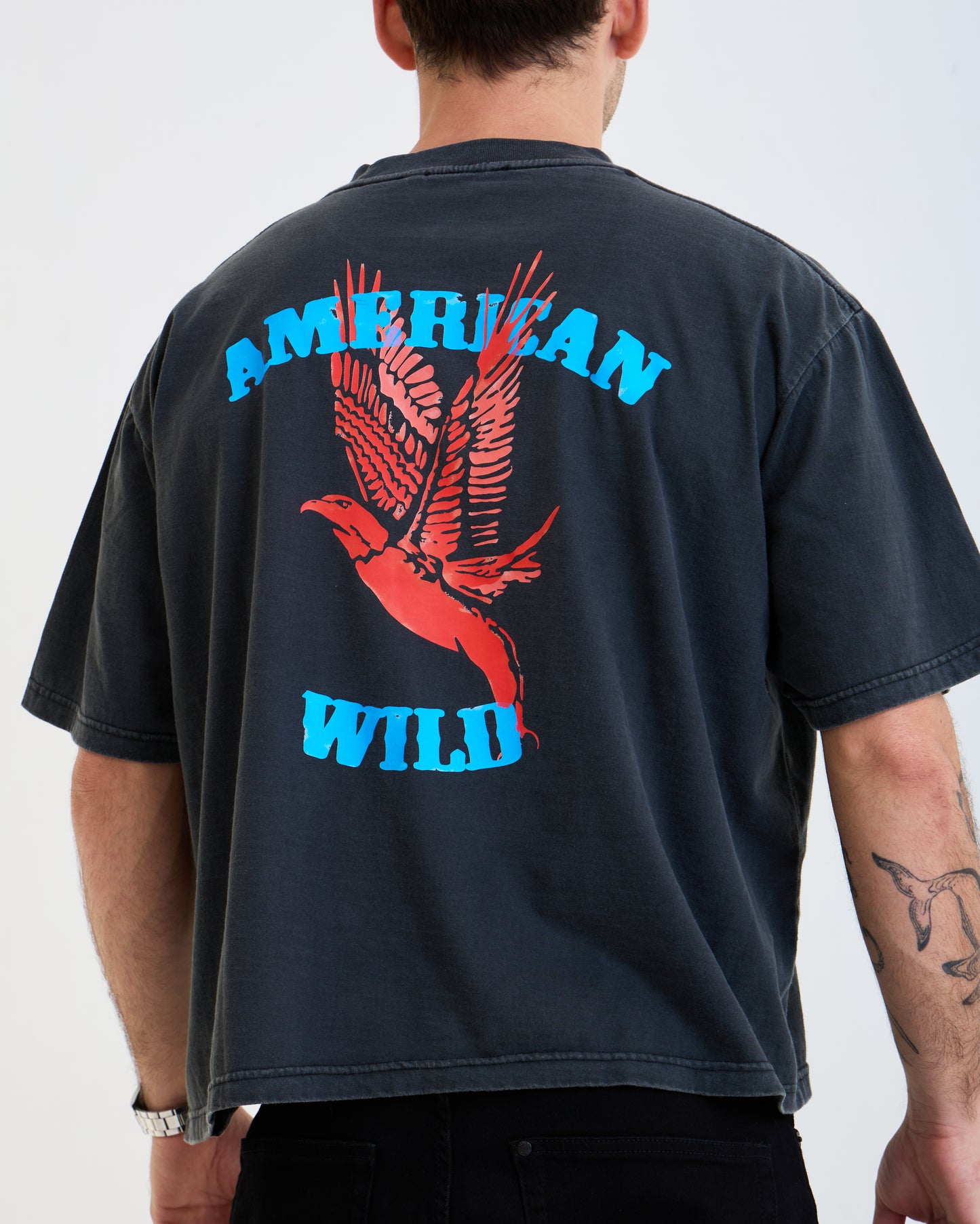 Vintage Oversized Cropped Unisex T-Shirt – Eagle Graphic – Black