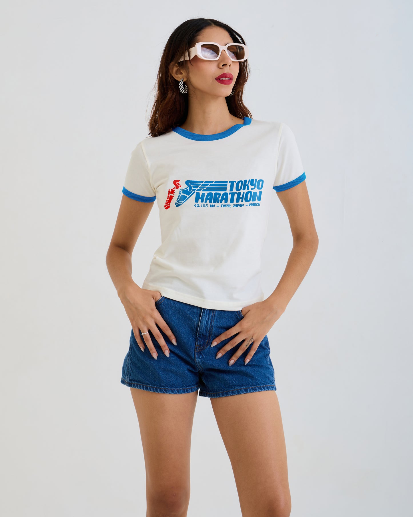 Vintage Women's T-Shirt – Tokyo Running Marathon Graphic – Retro Ringer Style – Off-White/Blue