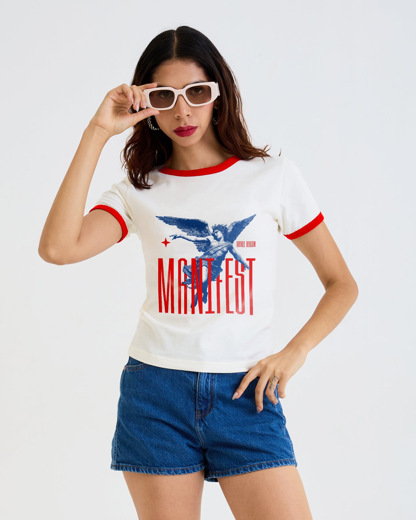 Vintage Women's T-Shirt – Manifest Angel Graphic – Retro Ringer Style – Off-White/Red