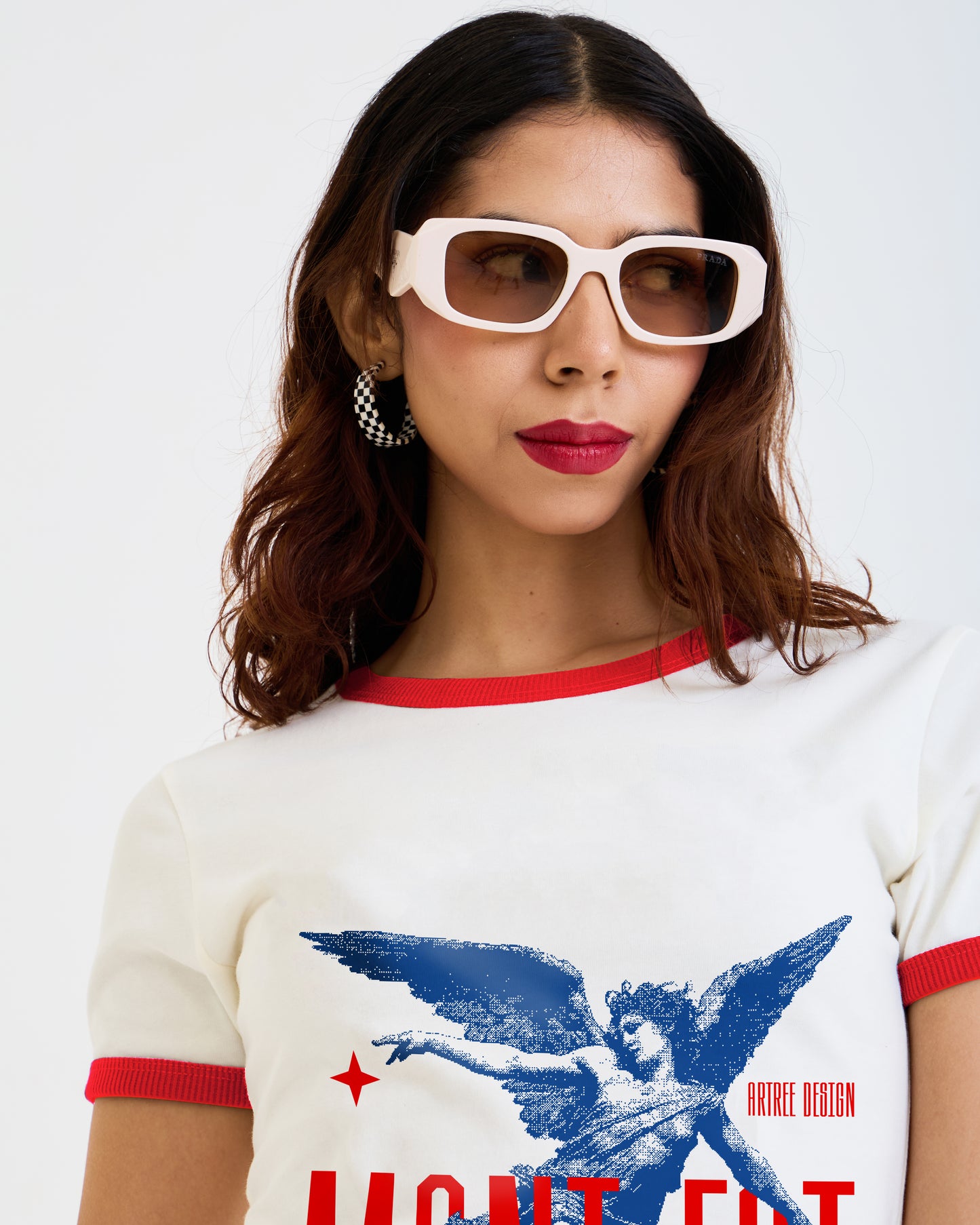 Vintage Women's T-Shirt – Manifest Angel Graphic – Retro Ringer Style – Off-White/Red