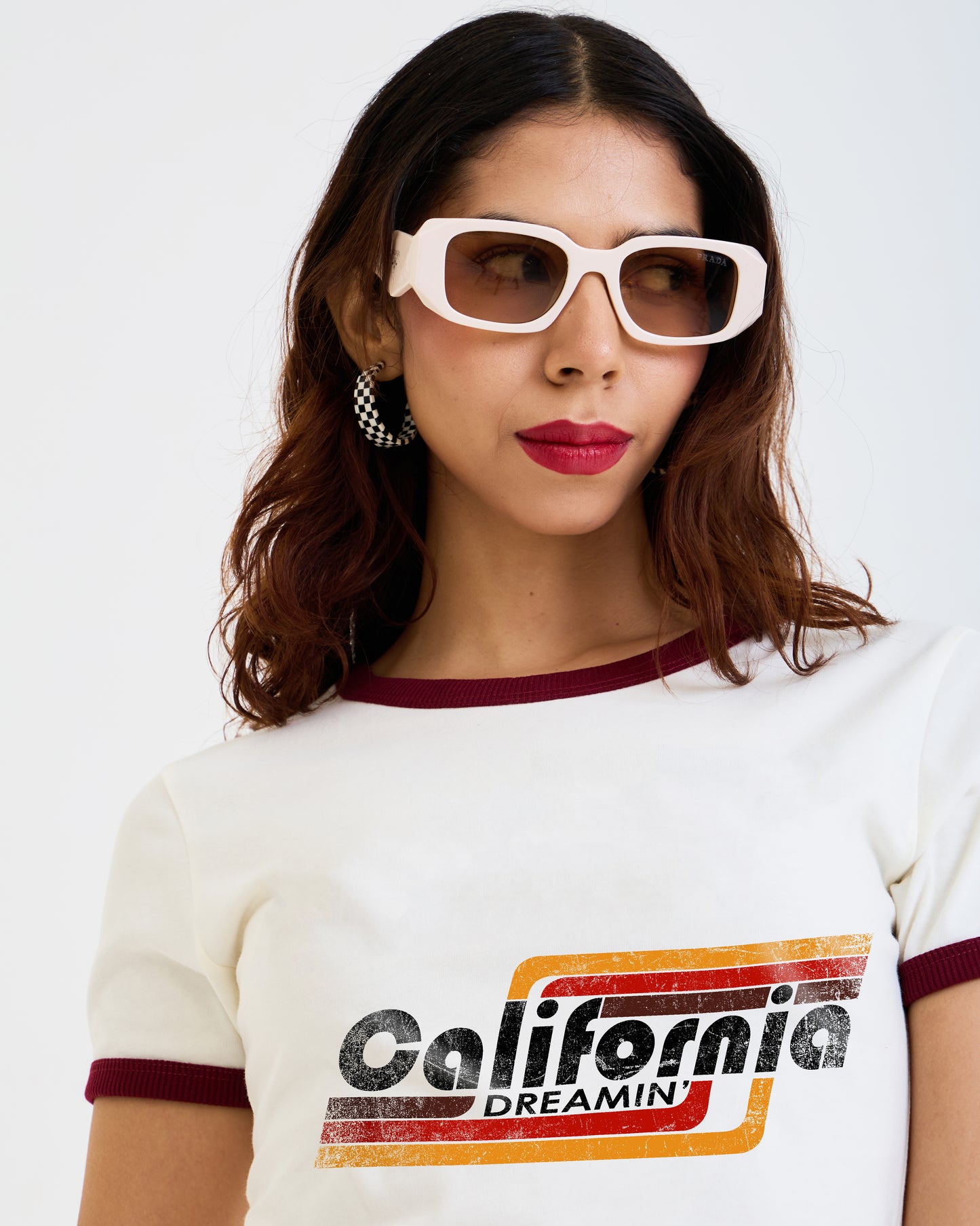 Vintage Women's T-Shirt – California Dreamin Graphic – Ringer Style – Off-White/Red