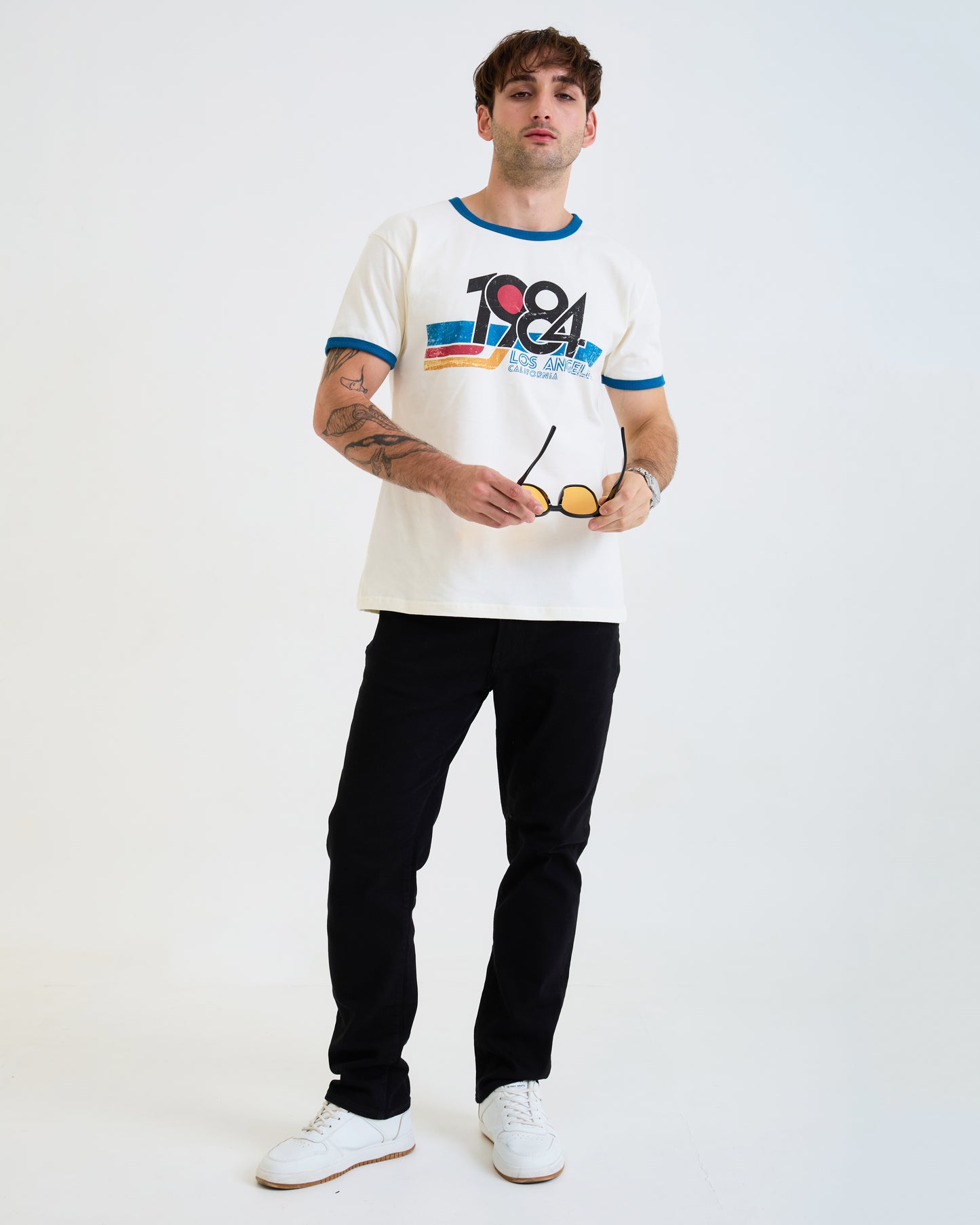 Vintage Unisex T-Shirt – 1984 Los Angeles California Graphic – Retro Ringer Style – Off-White