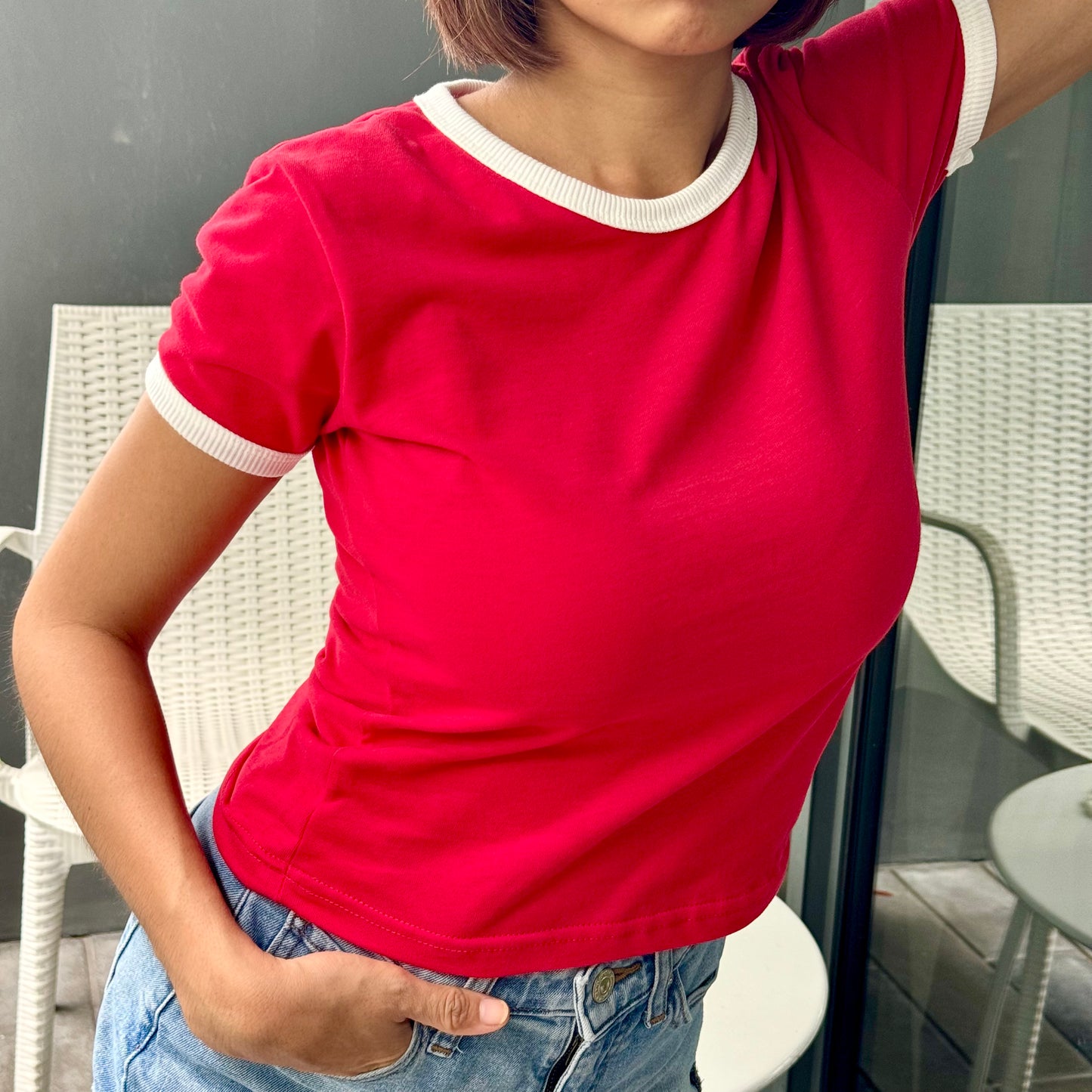 Vintage Women's T-Shirt – Retro Ringer Style – Red/White
