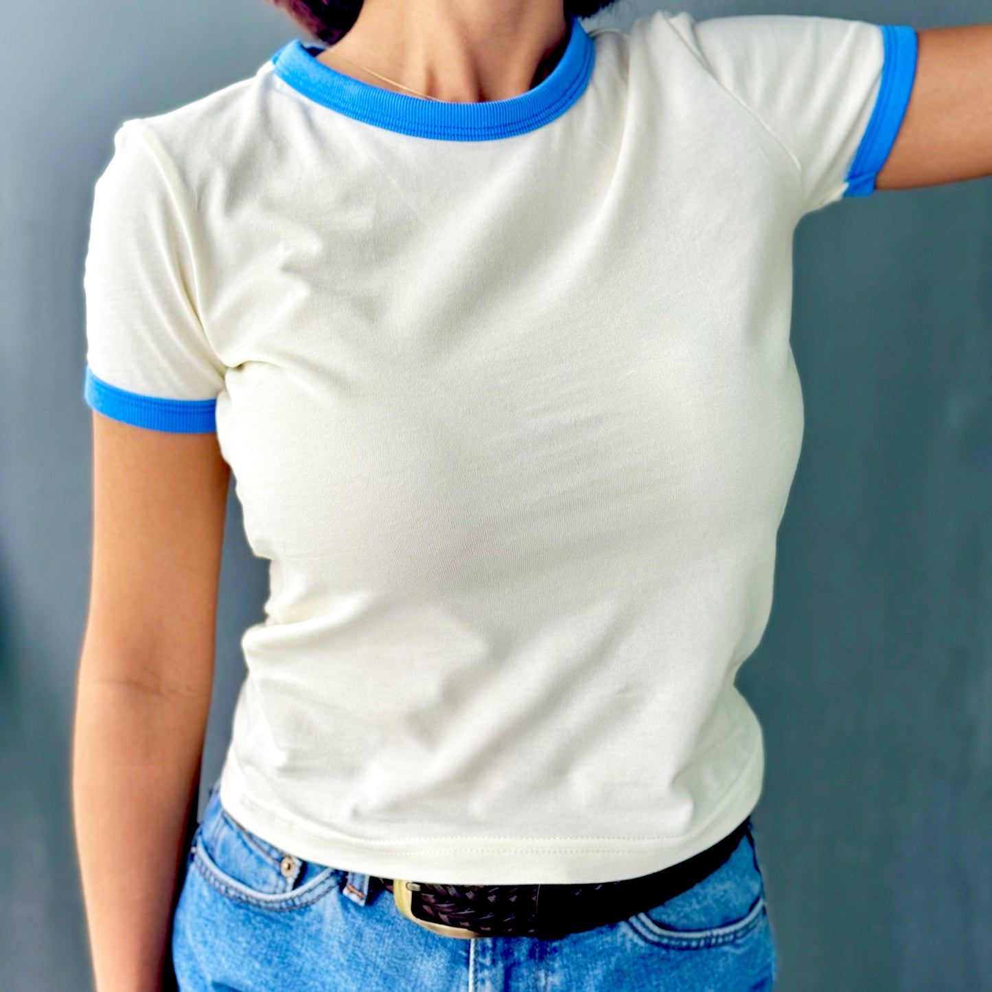 Vintage Women's T-Shirt – Retro Ringer Style – Off-White/Blue