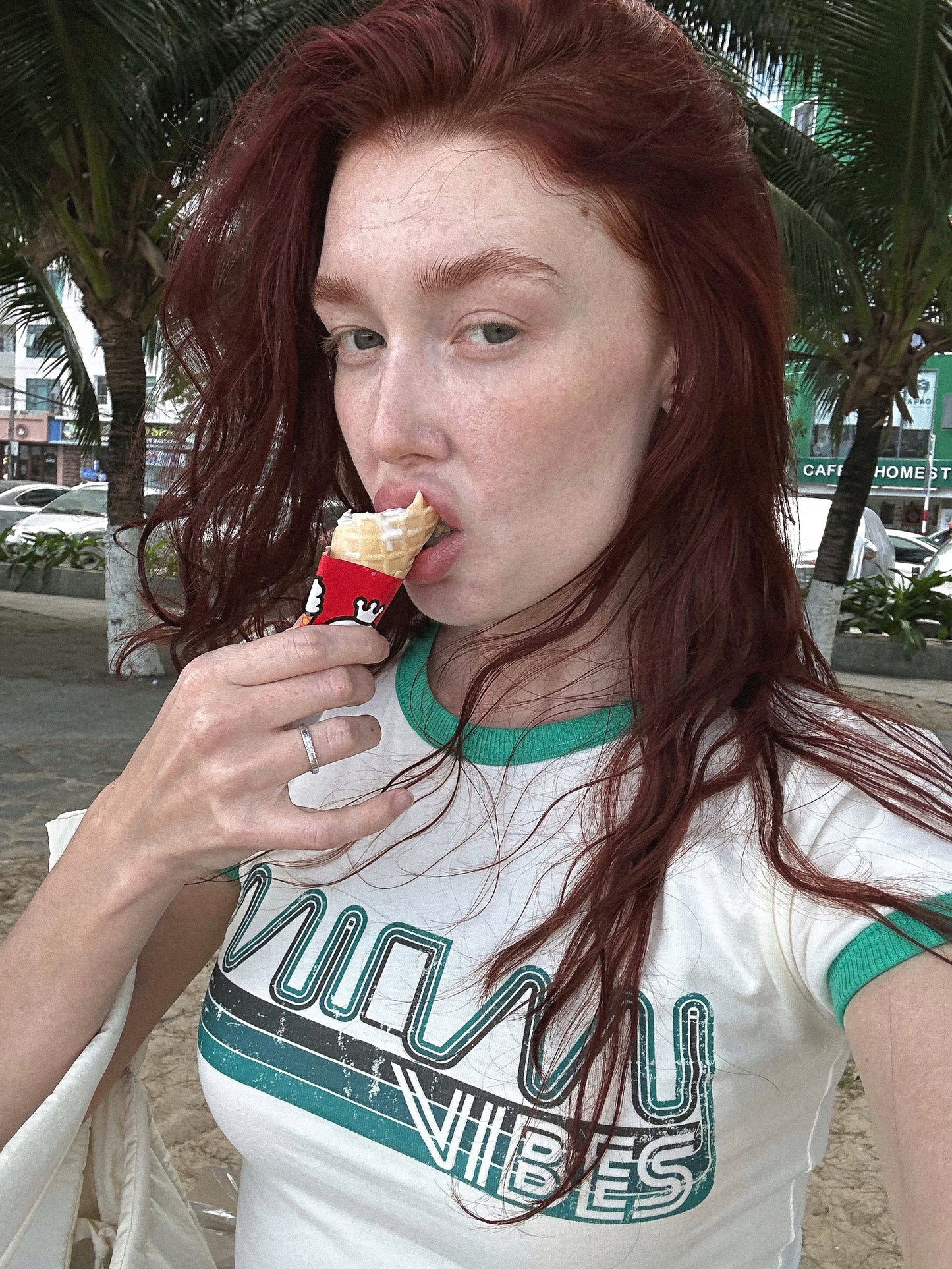 Vintage Women's T-Shirt – Miami Vibes Graphic – Ringer Style – Off-White/Green