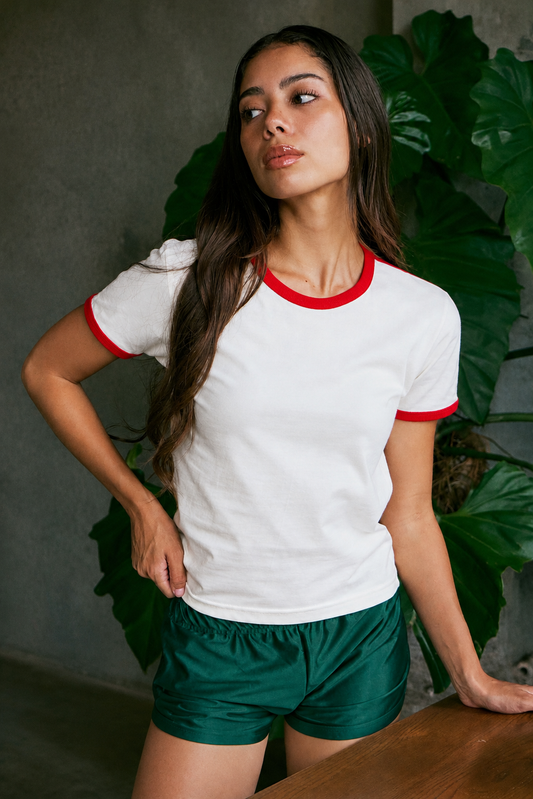 Vintage Women's T-Shirt – Retro Ringer Style – Off-White/Red