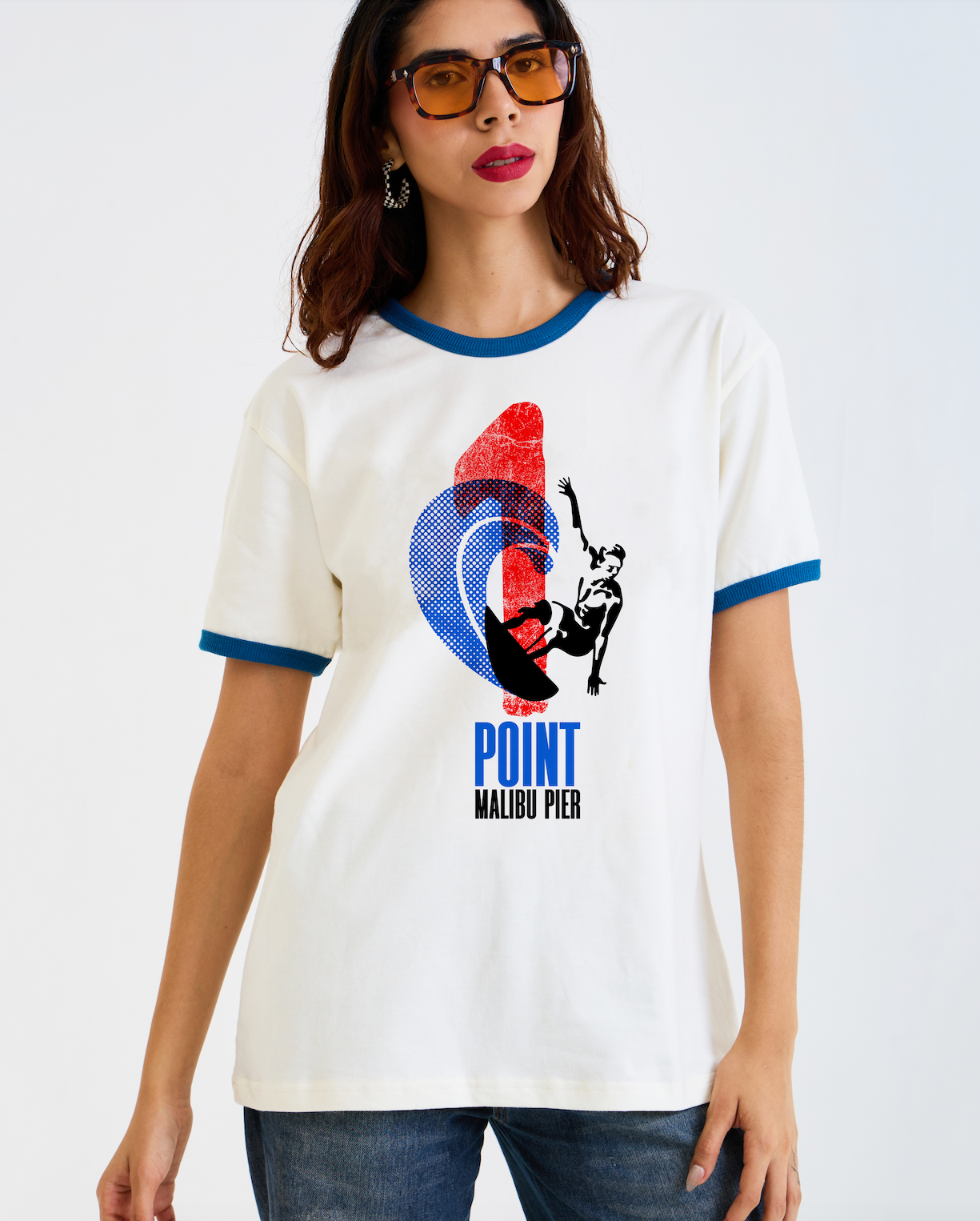 Vintage Unisex T-Shirt – 1 Point Malibu Pier Graphic – Retro Ringer Style – Off-White