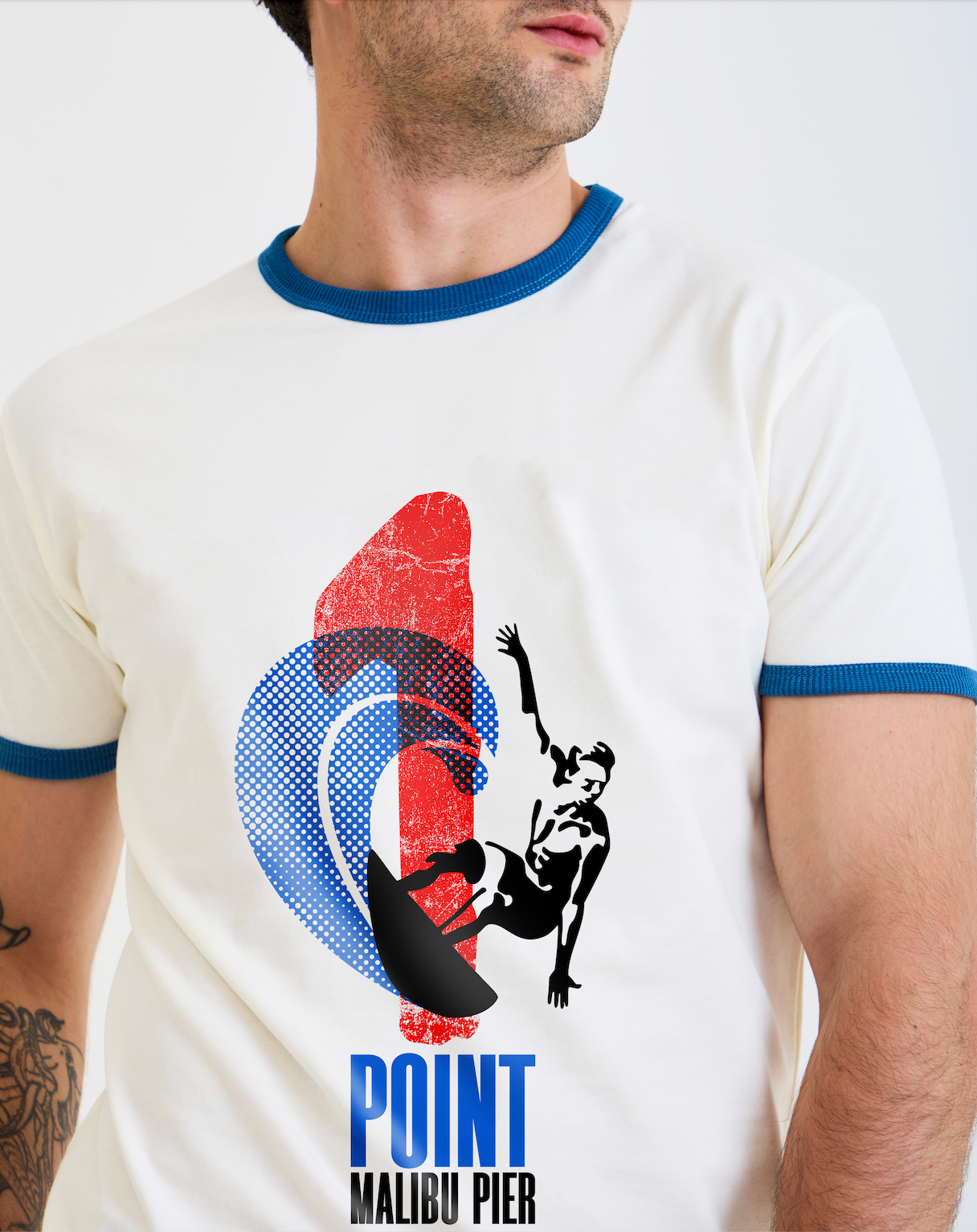 Vintage Unisex T-Shirt – 1 Point Malibu Pier Graphic – Retro Ringer Style – Off-White