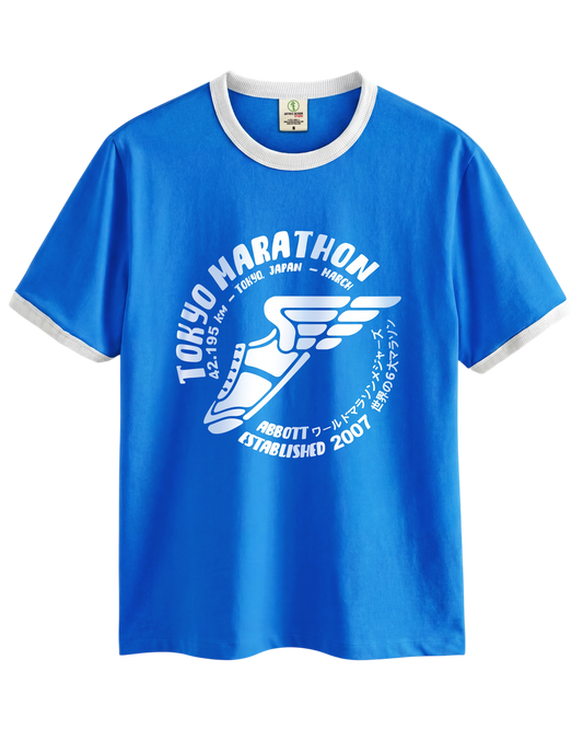 Vintage Unisex T-Shirt – Marathon Running Retro Ringer Style – Blue/White