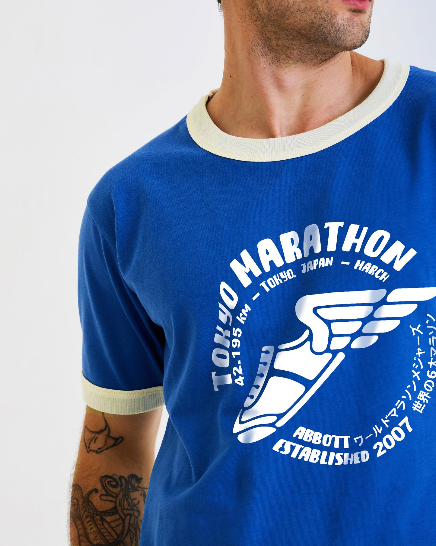 Vintage Unisex T-Shirt – Marathon Running Retro Ringer Style – Blue/White