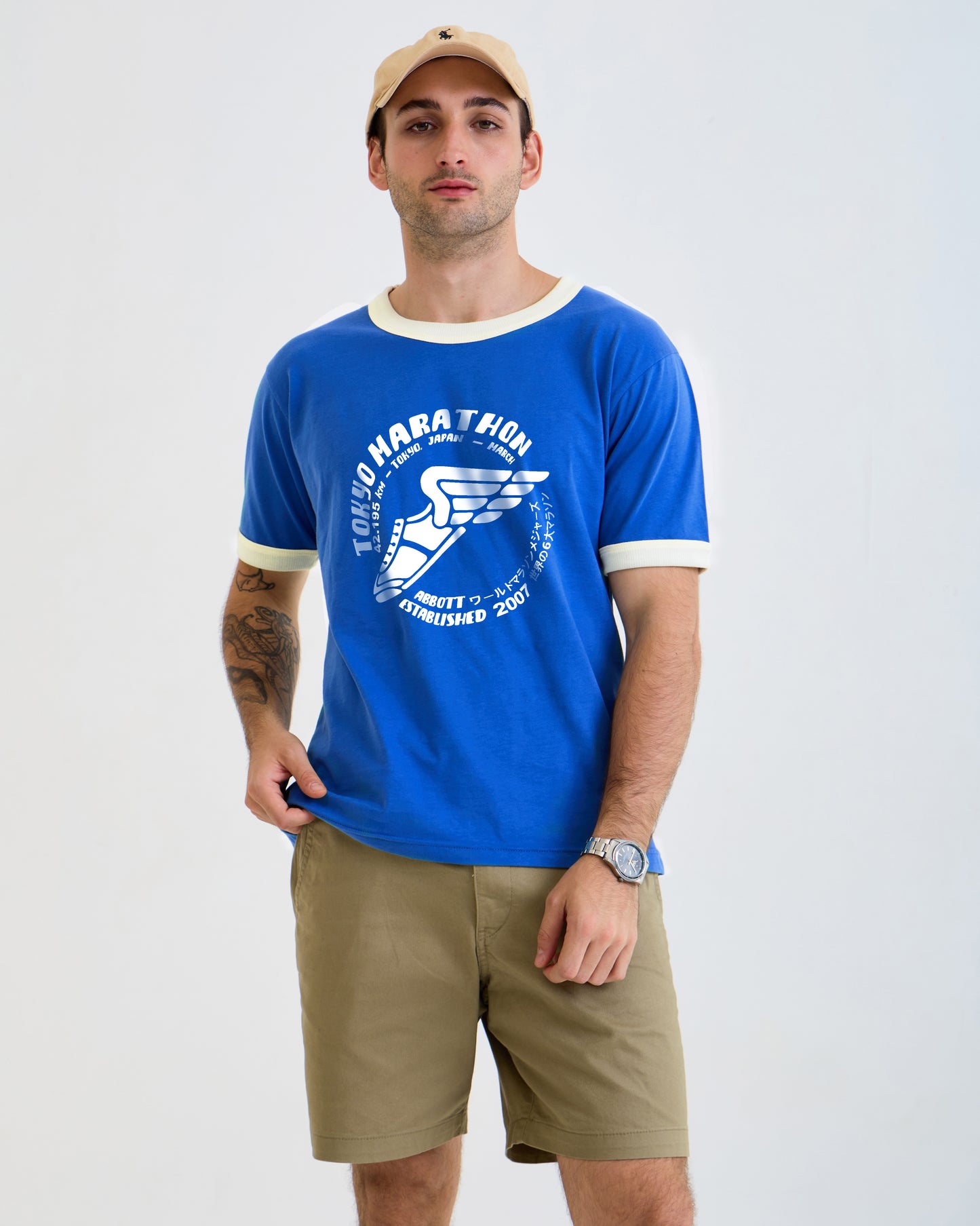 Vintage Unisex T-Shirt – Marathon Running Retro Ringer Style – Blue/White