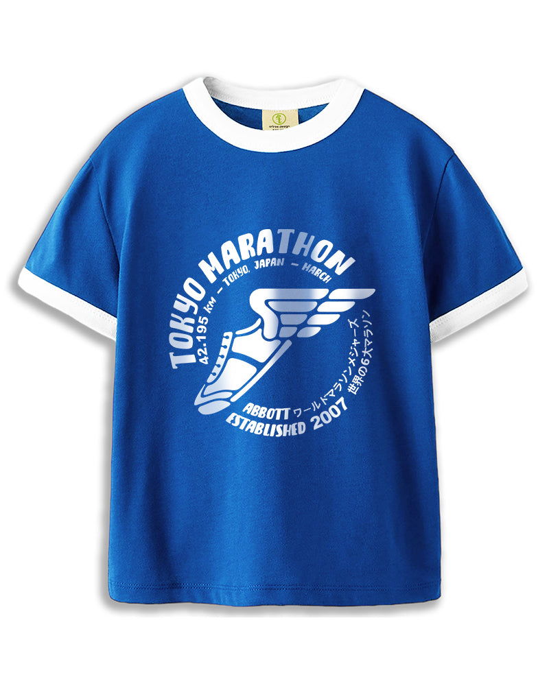 Vintage Unisex T-Shirt – Marathon Running Retro Ringer Style – Blue/White