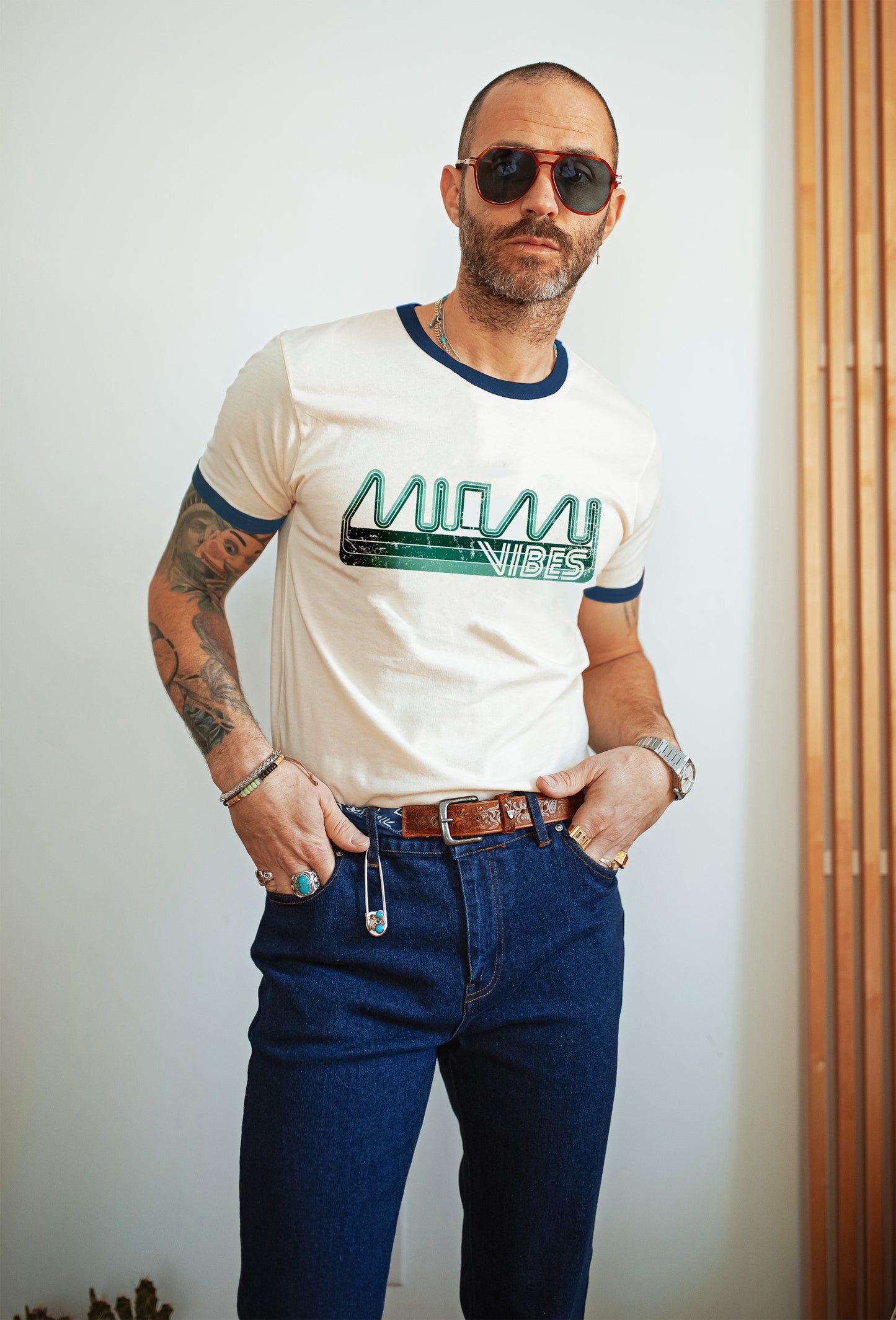 Vintage Unisex T-Shirt – Miami Vibes Graphic – Retro Ringer Style – Off-White/Green