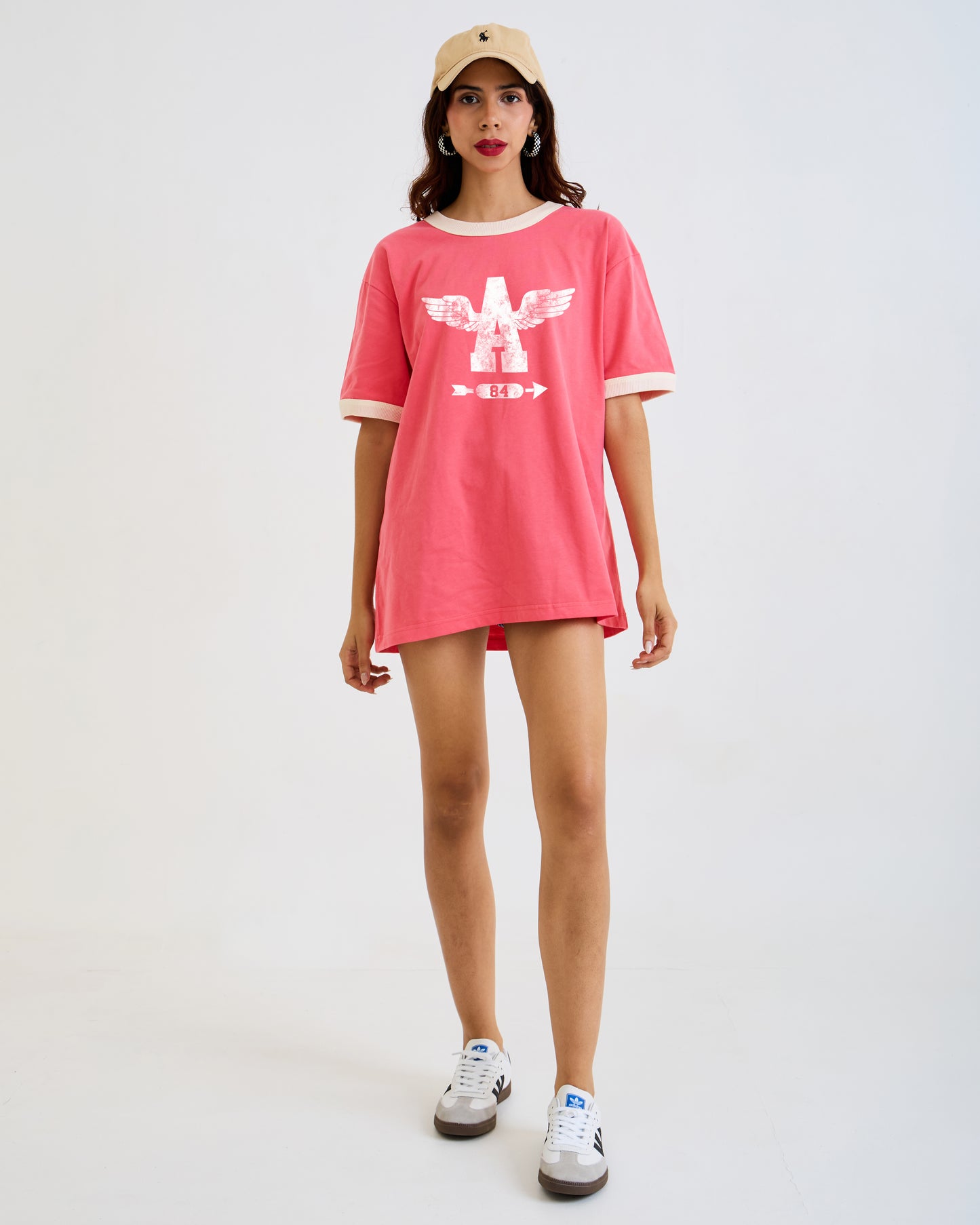 Vintage Unisex Oversized T-Shirt – Wings Graphic – Retro Ringer Style – Pink/Off-White