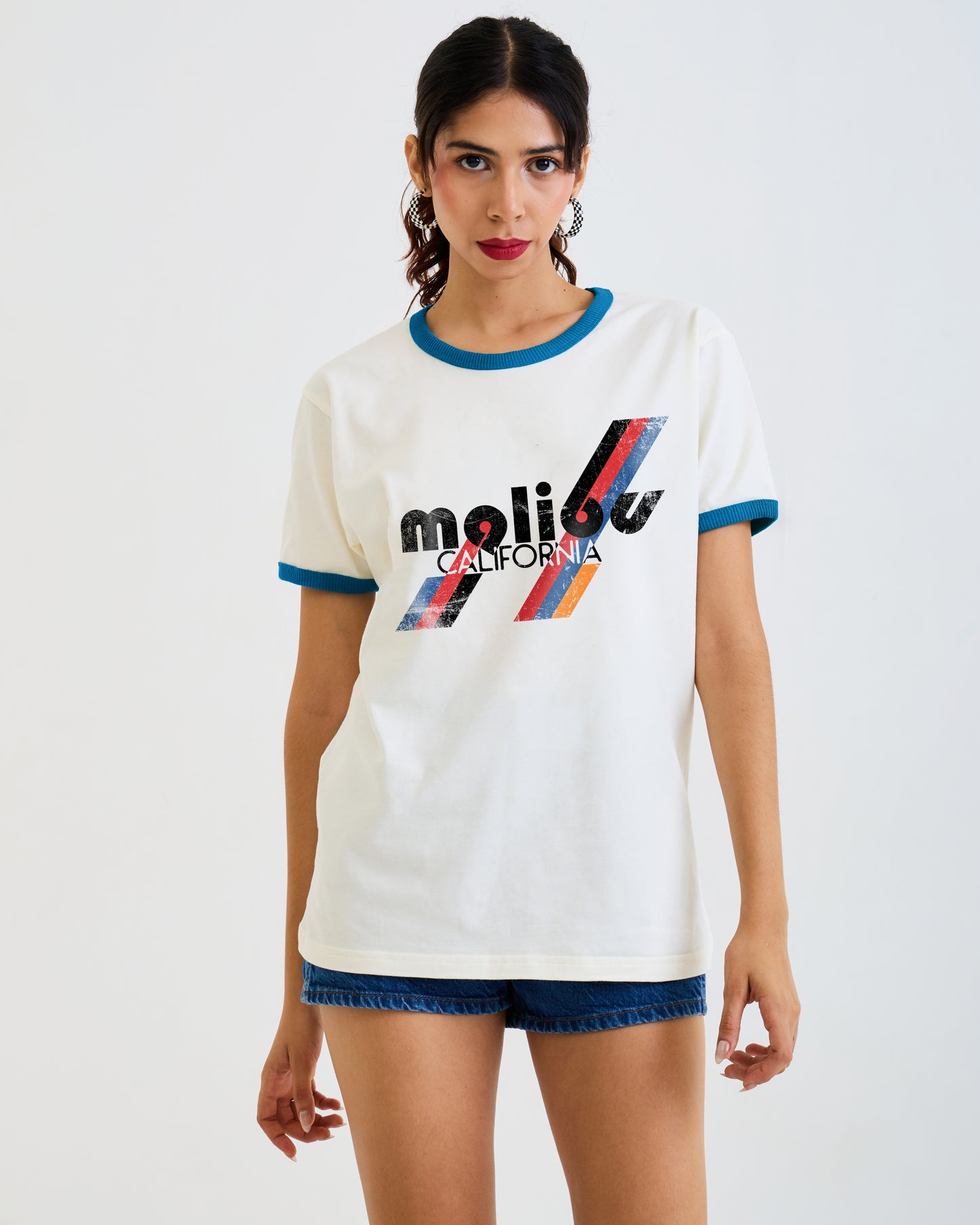 Vintage Malibu Ringer T-Shirt – White Unisex Cotton Tee – Retro Beach Graphic by Artree Design