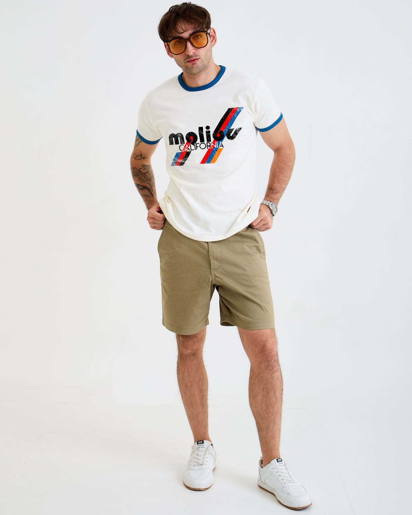 Vintage Malibu Ringer T-Shirt – White Unisex Cotton Tee – Retro Beach Graphic by Artree Design