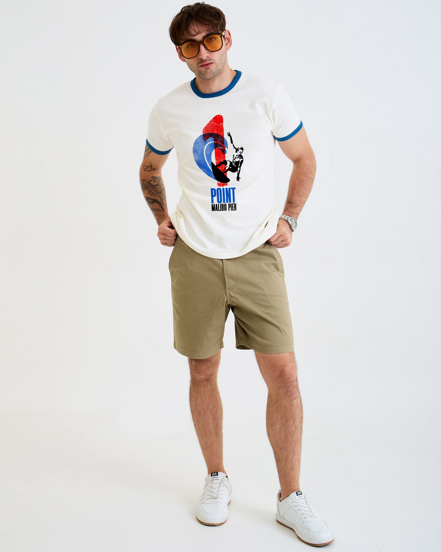 Vintage Unisex T-Shirt – 1 Point Malibu Pier Graphic – Retro Ringer Style – Off-White