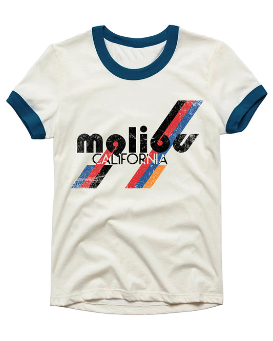 Vintage Malibu Ringer T-Shirt – White Unisex Cotton Tee – Retro Beach Graphic by Artree Design