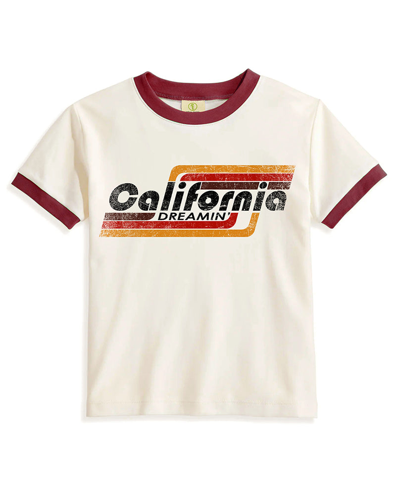 Vintage Women's T-Shirt – California Dreamin Graphic – Ringer Style – Off-White/Red