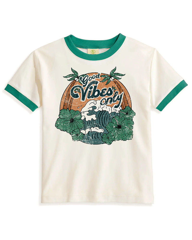 Vintage Women's T-Shirt – Good Vibes Graphic – Ringer Style – Off-White/Green