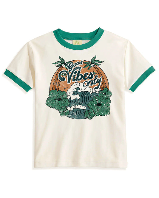 Vintage Women's T-Shirt – Good Vibes Graphic – Ringer Style – Off-White/Green