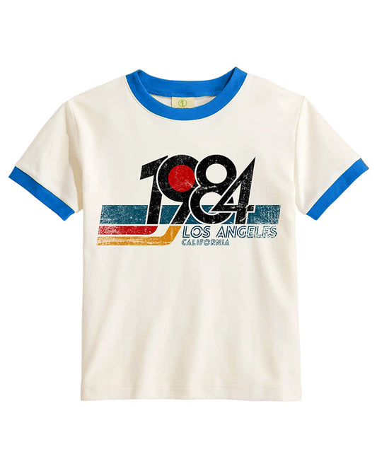 Vintage Women's T-Shirt – 1984 Los Angeles Graphic – Ringer Style – Off-White/Blue