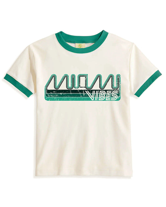 Vintage Women's T-Shirt – Miami Vibes Graphic – Ringer Style – Off-White/Green