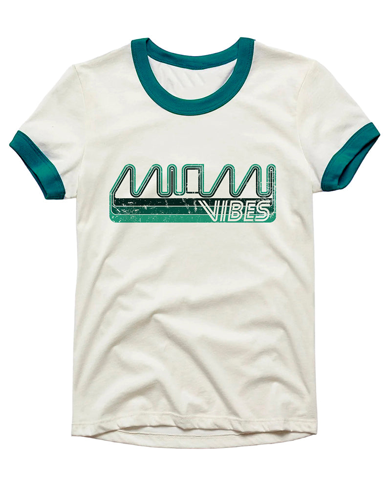 Vintage Unisex T-Shirt – Miami Vibes Graphic – Retro Ringer Style – Off-White/Green