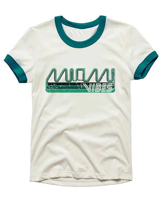 Vintage Unisex T-Shirt – Miami Vibes Graphic – Retro Ringer Style – Off-White/Green
