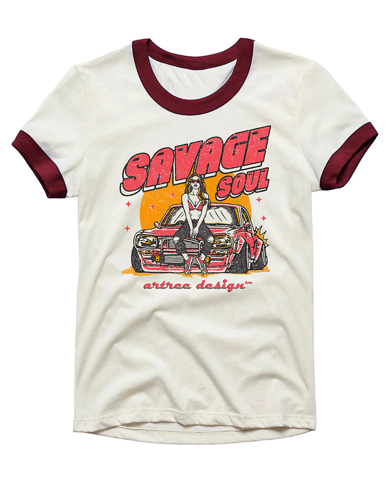 Vintage Unisex T-Shirt – Savage Soul Racing Graphic – Retro Ringer Style – Off-White/Red