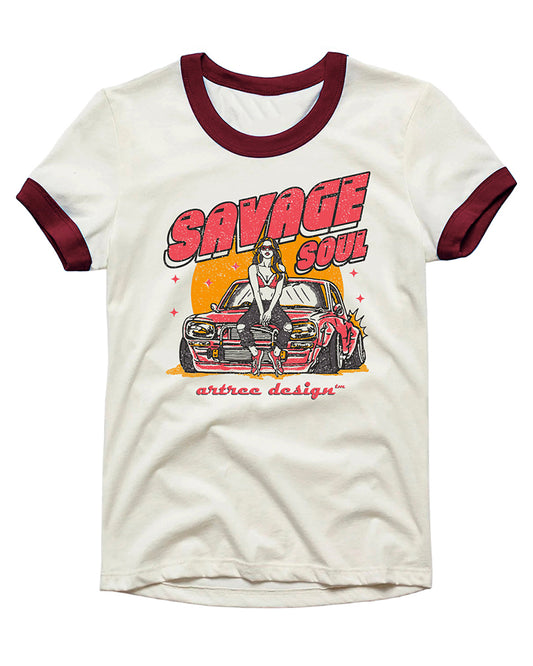 Vintage Unisex T-Shirt – Savage Soul Racing Graphic – Retro Ringer Style – Off-White/Red