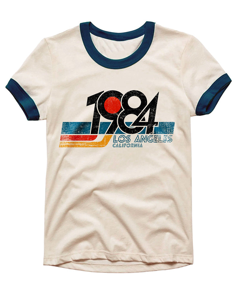 Vintage Unisex T-Shirt – 1984 Los Angeles California Graphic – Retro Ringer Style – Off-White