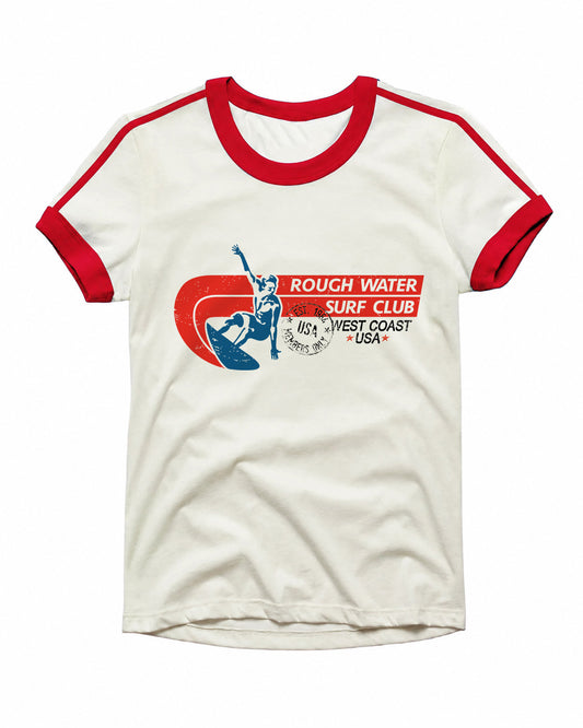 An off-white ringer t-shirt with red trim on the collar and sleeve cuffs, featuring a vintage-style graphic of a surfer and the text 'ROUGH WATER SURF CLUB' and 'WEST COAST USA'.