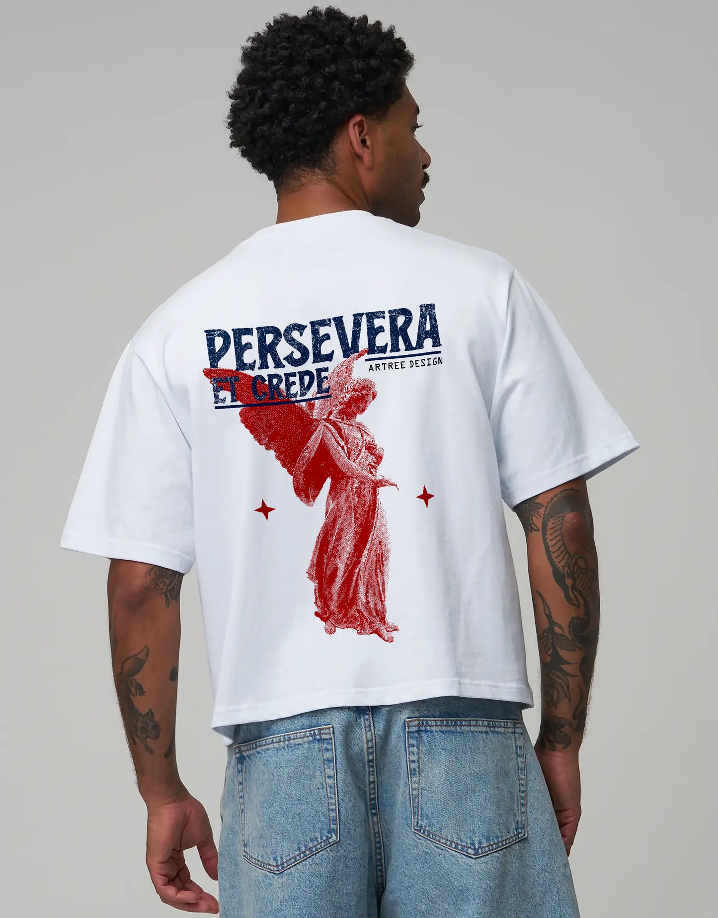 Vintage Oversized Cropped T-Shirt – Persevere And Believe White Tee – Boxy Fit