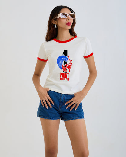 Vintage Women's T-Shirt – 1 Point Malibu Pier Graphic – Retro Ringer Style – Off-White/Red