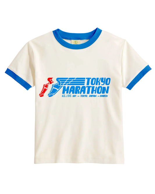 Vintage Women's T-Shirt – Tokyo Running Marathon Graphic – Retro Ringer Style – Off-White/Blue
