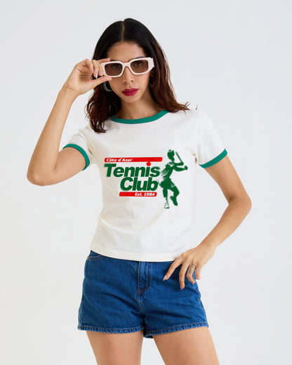 Vintage Women's T-Shirt – Tennis Club Graphic – Retro Ringer Style